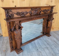 Antique Neoclassical Carved Figural Quarter-Sawn Fireplace Mantel Mirror Topper