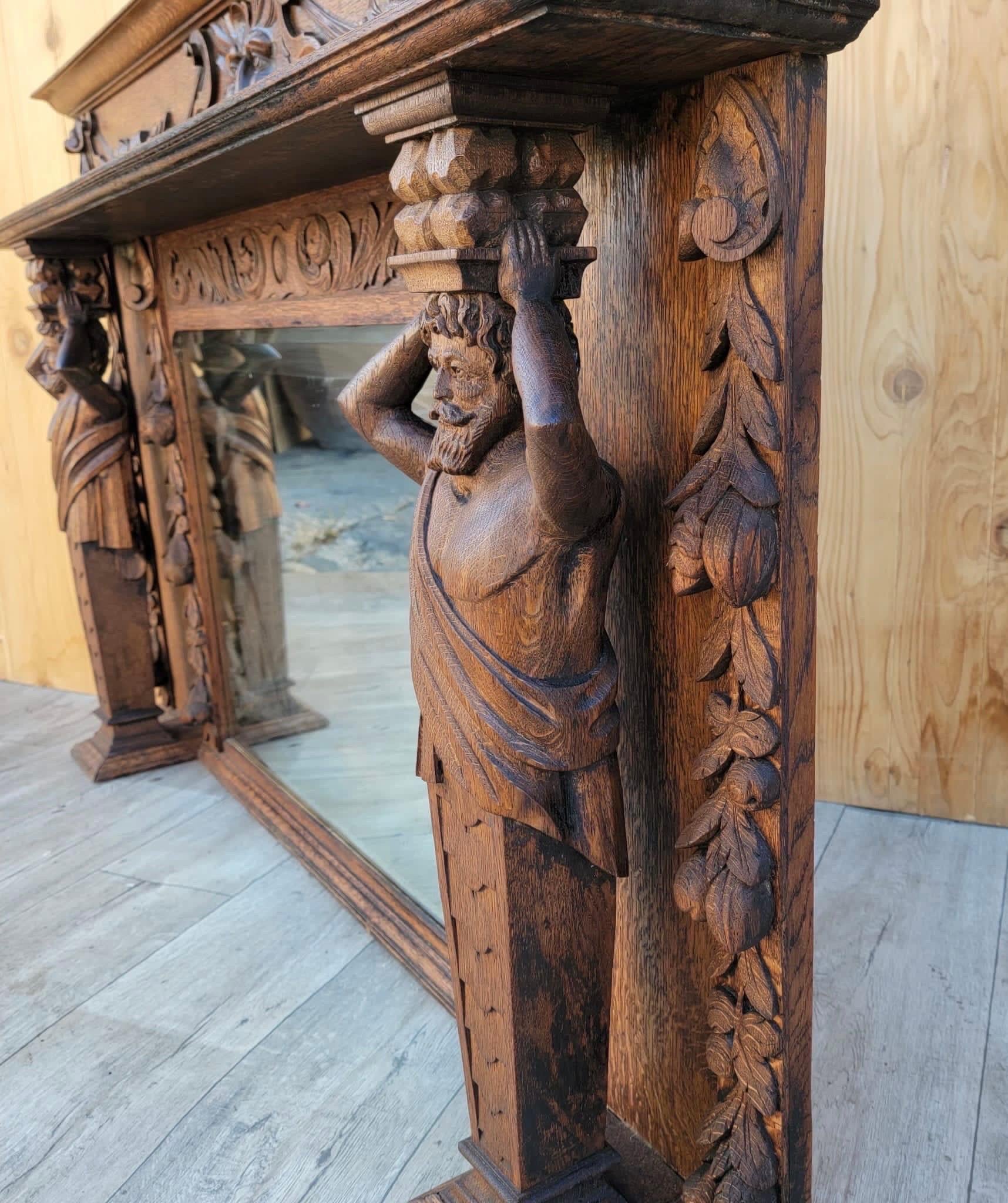  Antique Neoclassical Carved Figural Quarter-Sawn Fireplace Mantel Mirror Topper In Good Condition For Sale In Chicago, IL