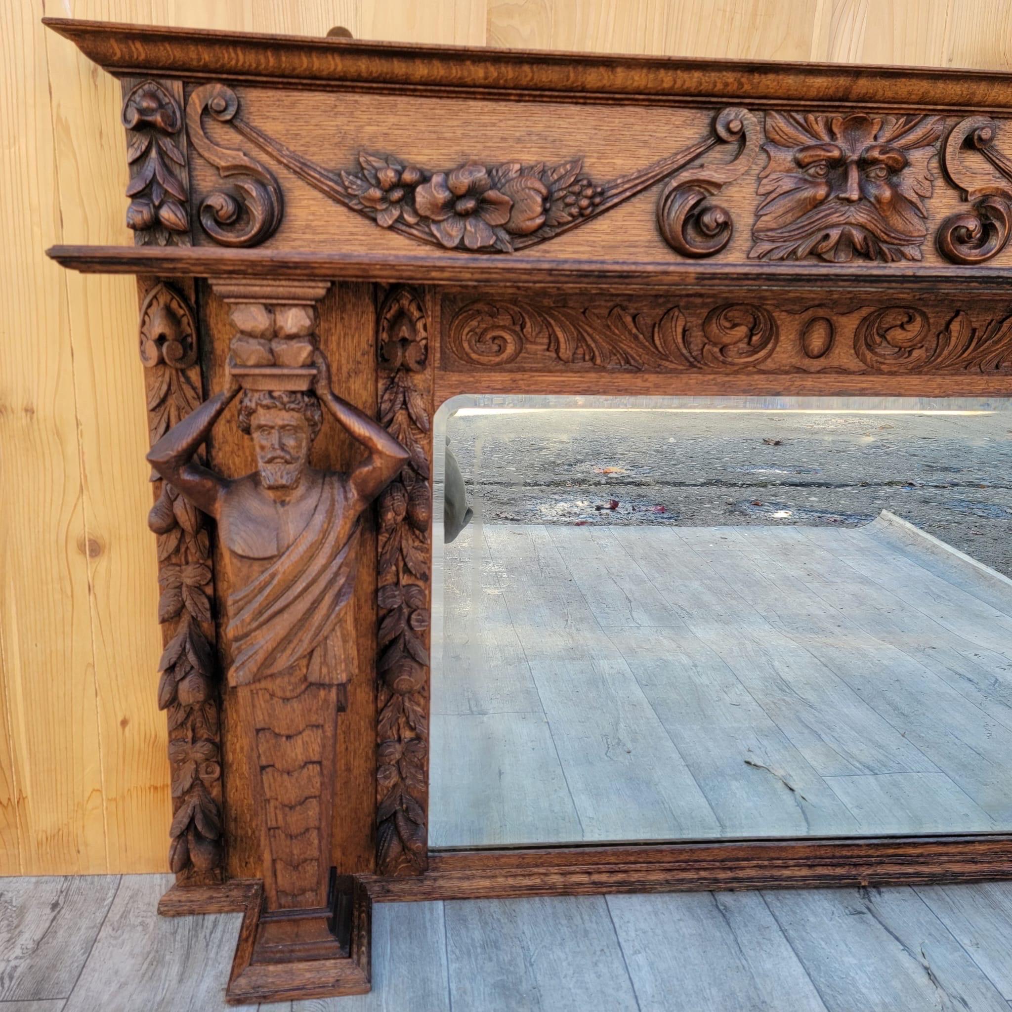  Antique Neoclassical Carved Figural Quarter-Sawn Fireplace Mantel Mirror Topper For Sale 2