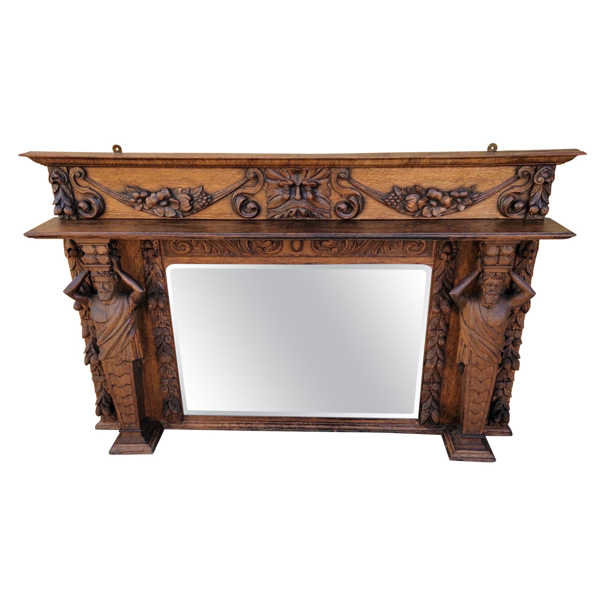 Antique Neoclassical Carved Figural Quarter-Sawn Fireplace Mantel Mirror Topper For Sale