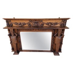 Antique Neoclassical Carved Figural Quarter-Sawn Fireplace Mantel Mirror Topper