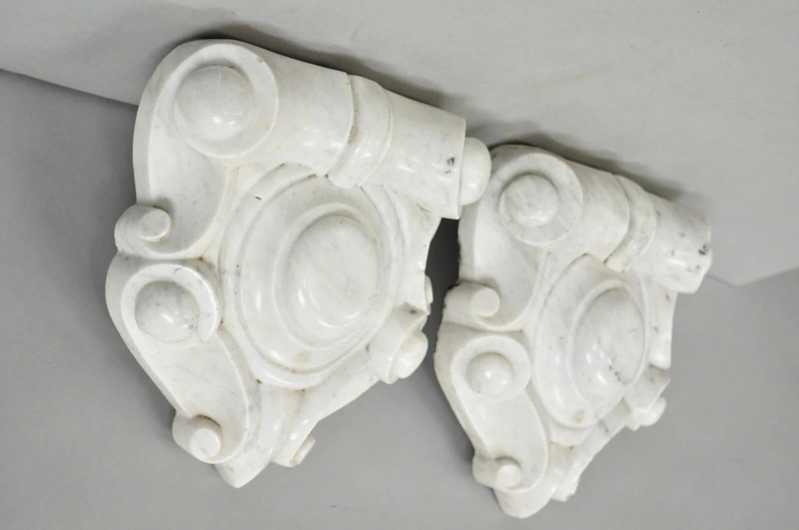 Antique Neoclassical Carved Italian Carrara Marble Mantel Keystone Architectural Elements - a Pair. Circa Early 20th Century. Measurements: 10