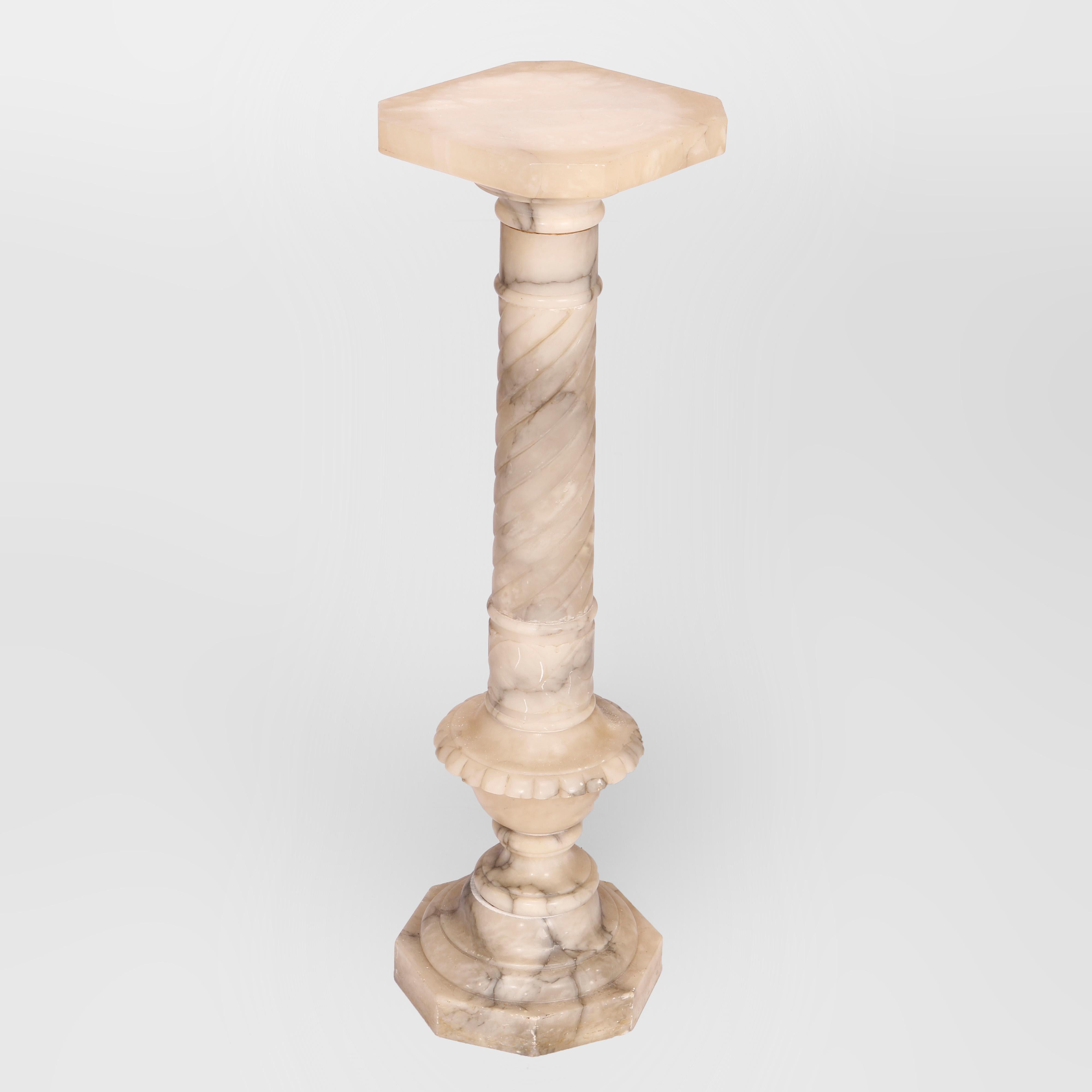 An antique neoclassical sculpture pedestal offers carved marble construction with clip corner display over rope twist column with urn form element, c1890

Measures - 35.5''h x 10''w x 10''d.