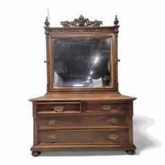 Antique Neoclassical Carved Northwind Face Barley-Twist Beveled Mirrored Dresser
