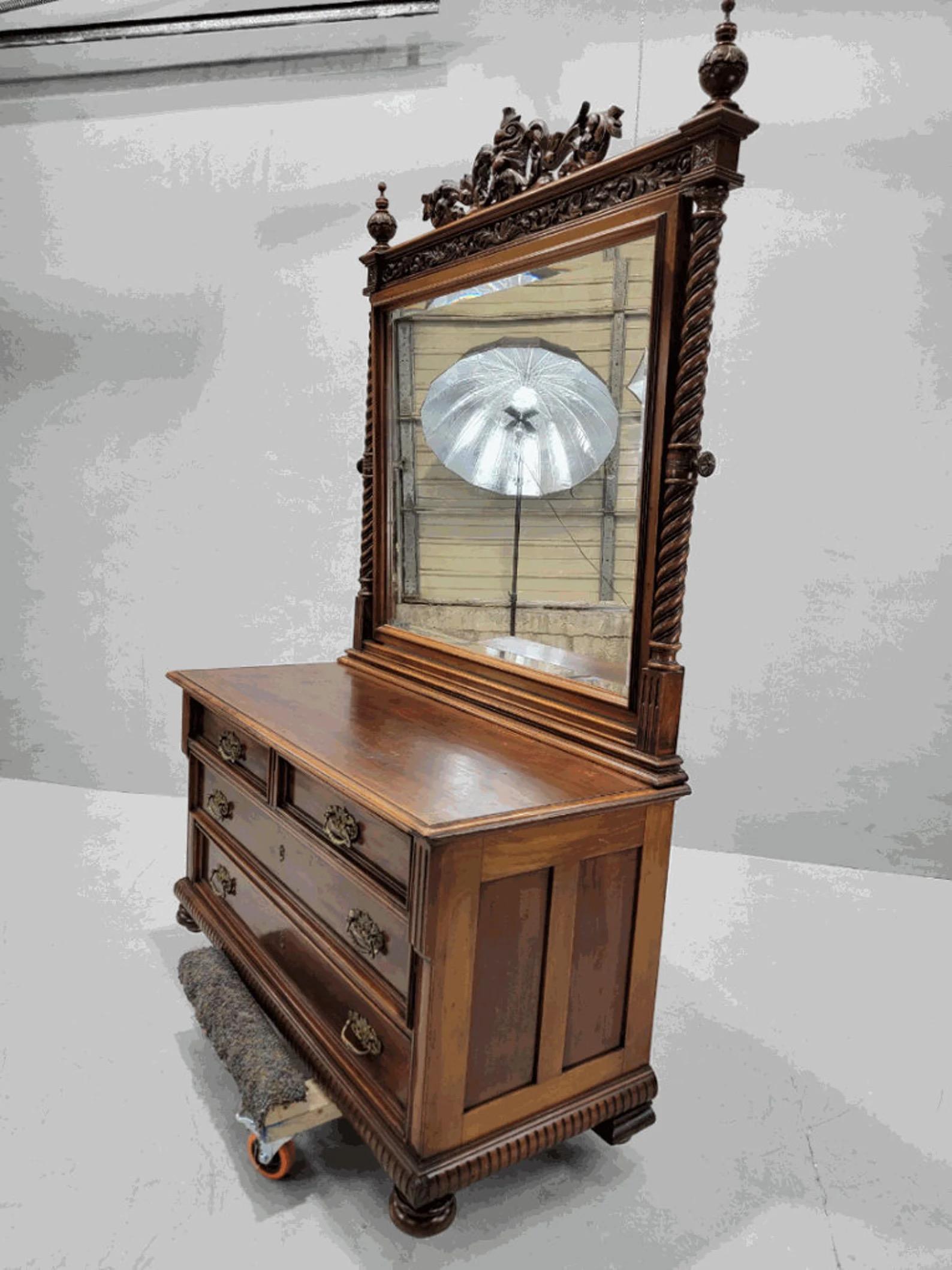 Unknown Antique Neoclassical Carved Northwind Face Barley-Twist Beveled Mirrored Dresser For Sale