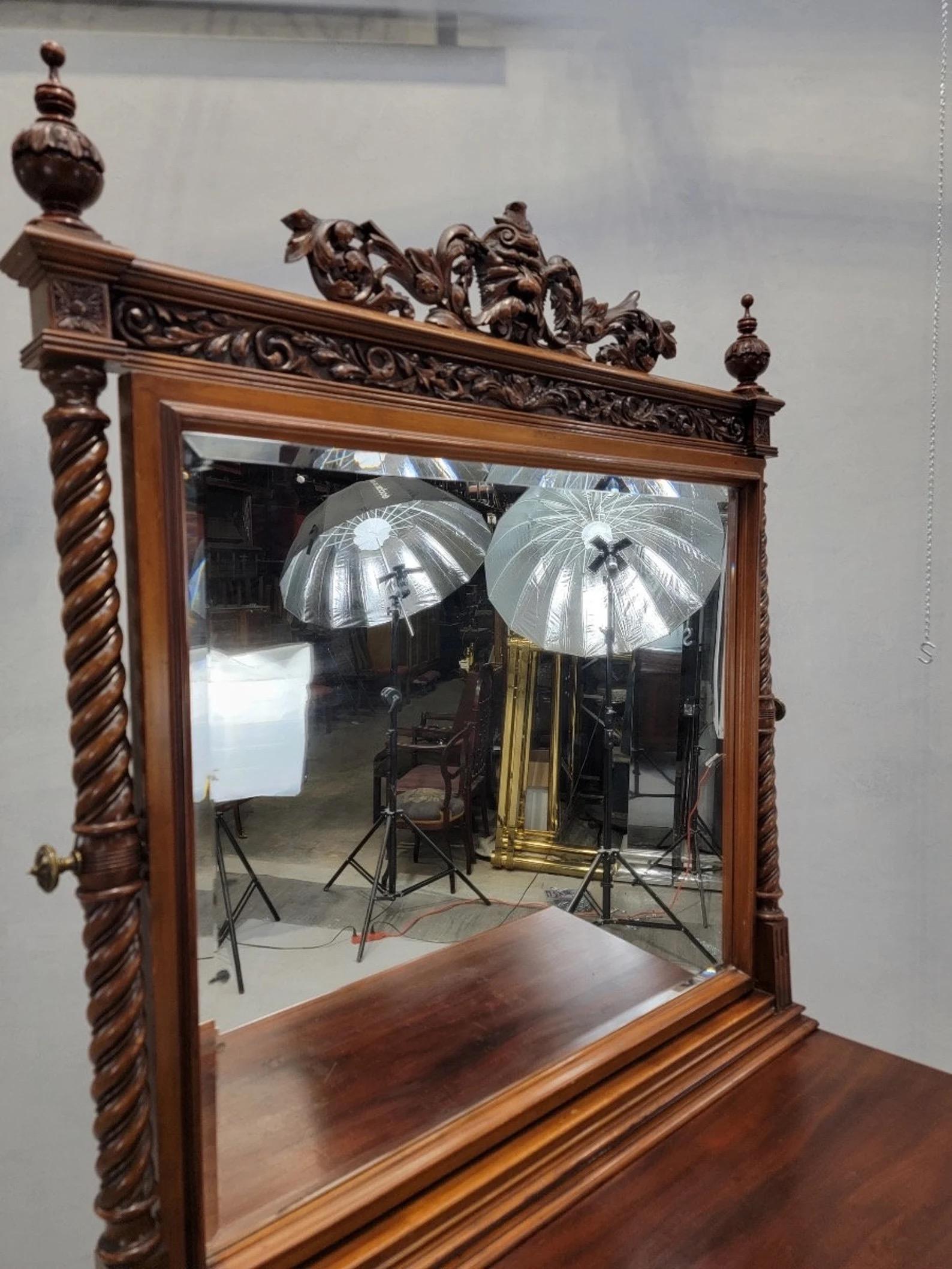 Antique Neoclassical Carved Northwind Face Barley-Twist Beveled Mirrored Dresser For Sale 1
