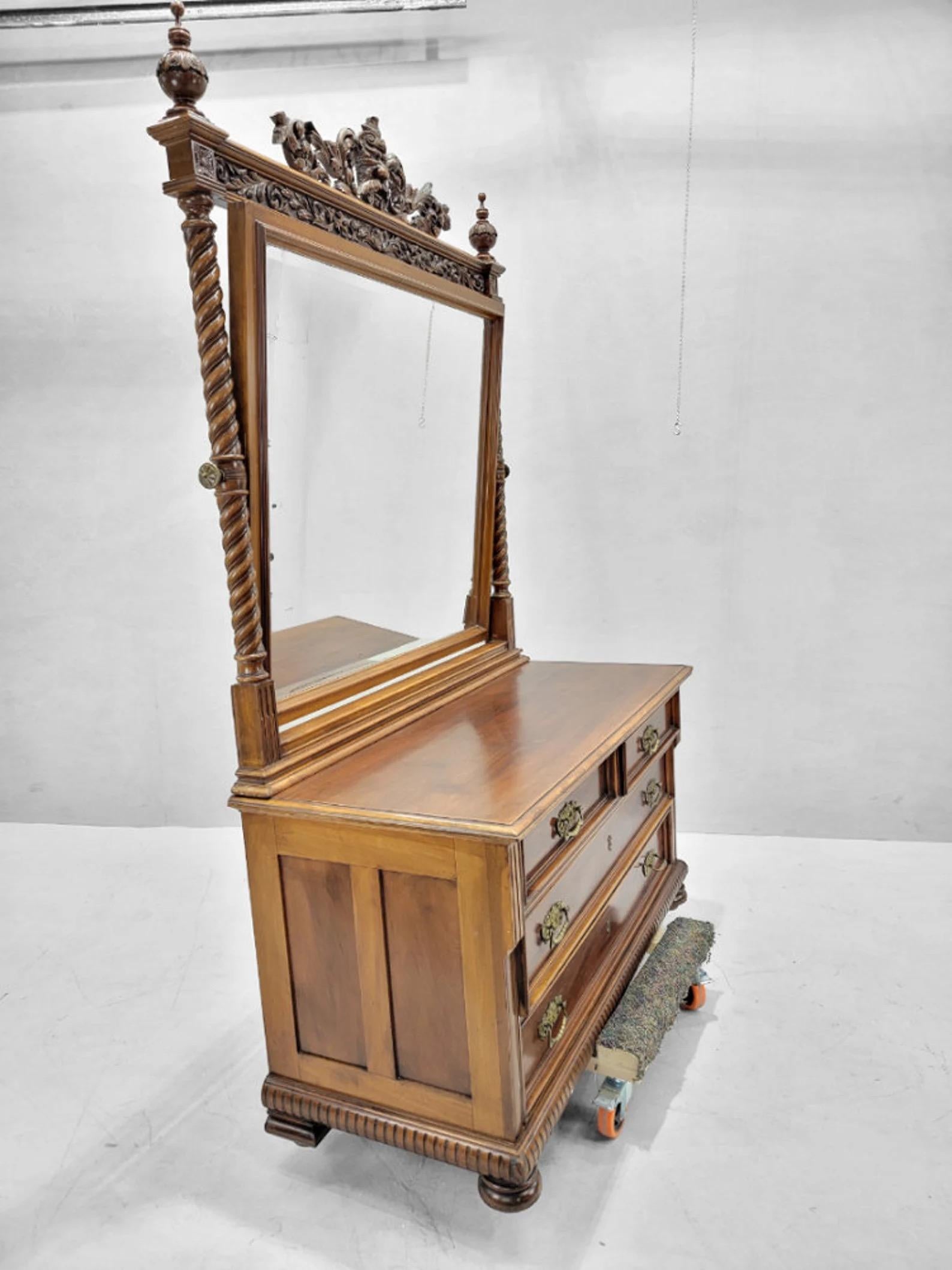 Antique Neoclassical Carved Northwind Face Barley-Twist Beveled Mirrored Dresser For Sale 2