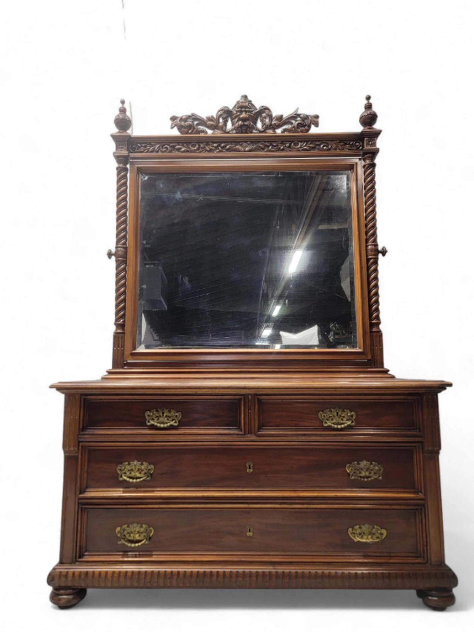 Antique Neoclassical Carved Northwind Face Barley-Twist Beveled Mirrored Dresser For Sale 3