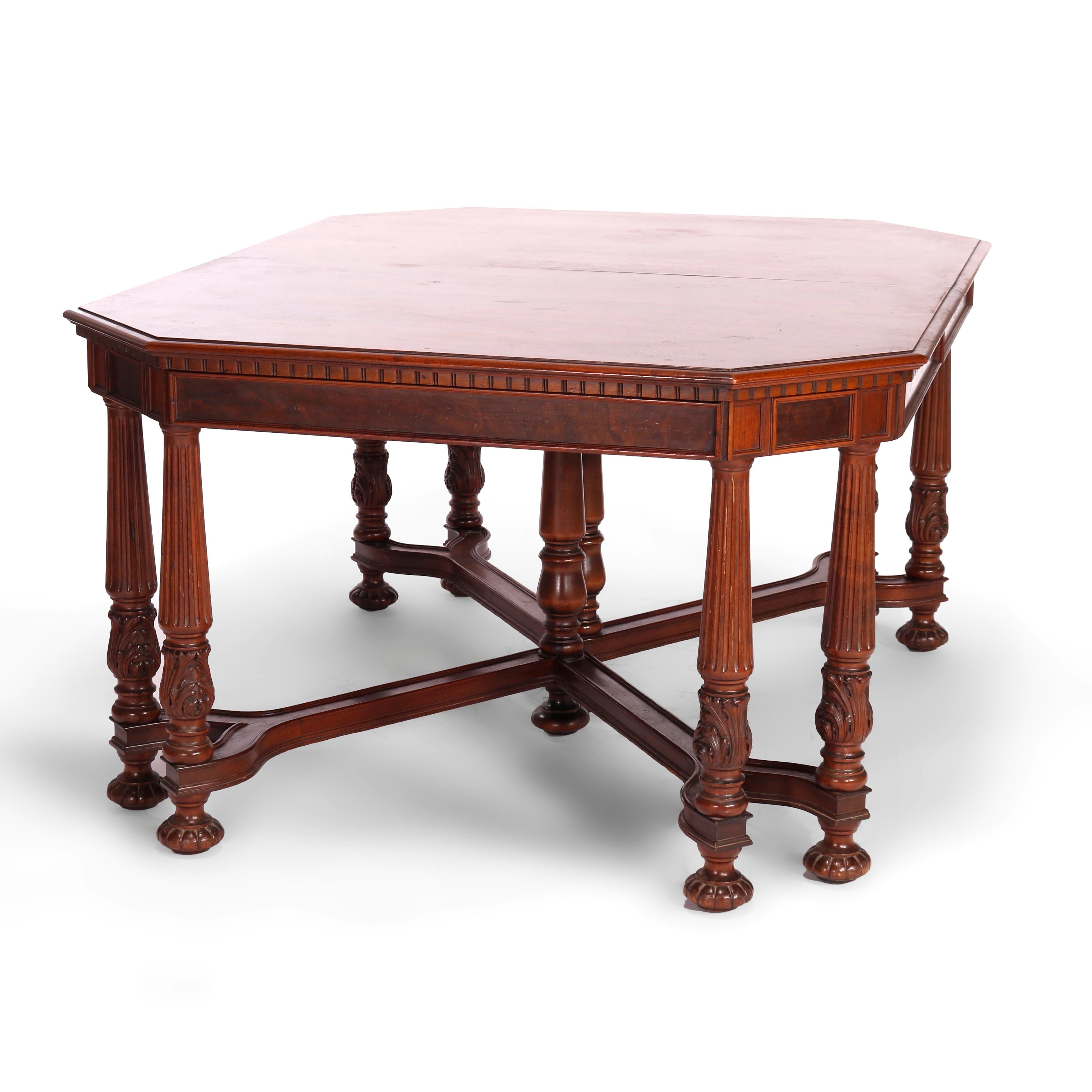 20th Century Antique Neoclassical Carved Walnut & Burl Dining Table Circa 1930 For Sale