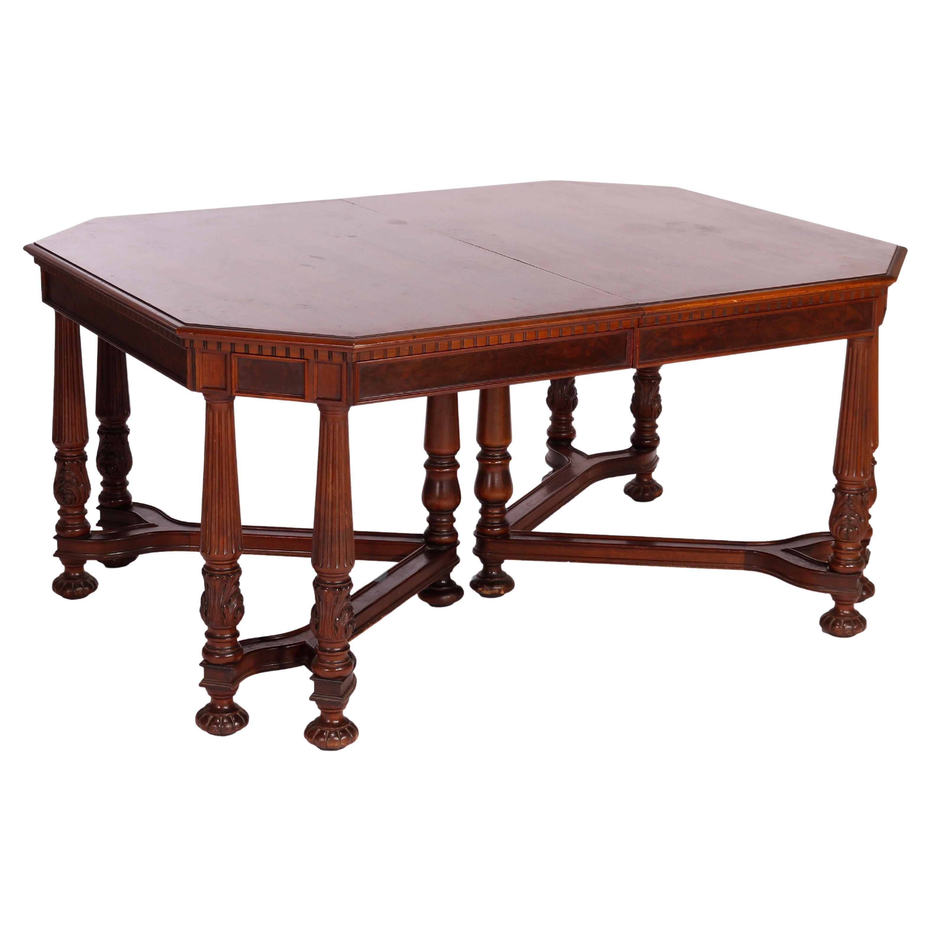 Antique Neoclassical Carved Walnut & Burl Dining Table Circa 1930 For Sale