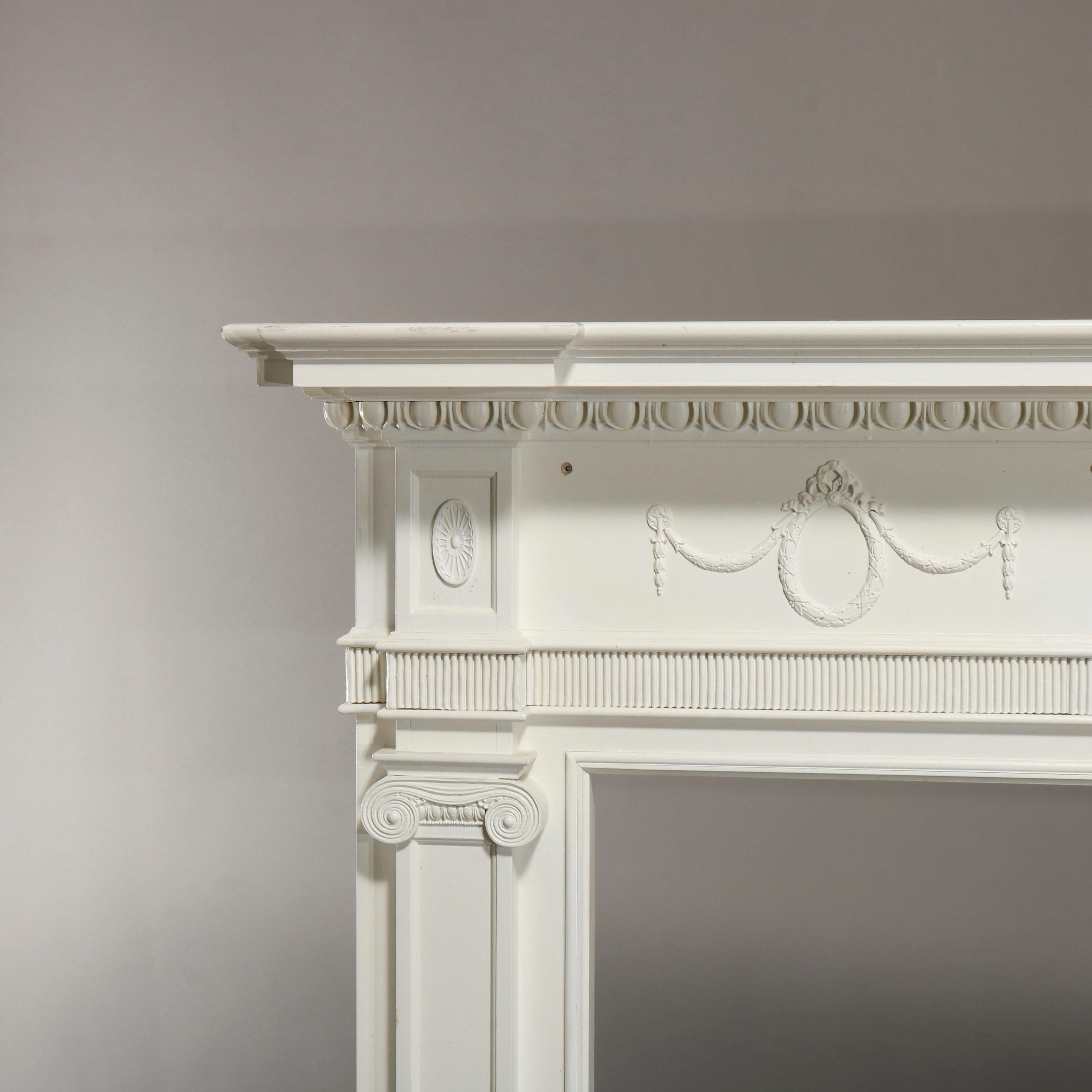 American Antique Neoclassical Carved and White-Painted Fireplace Mantel, 20th Century