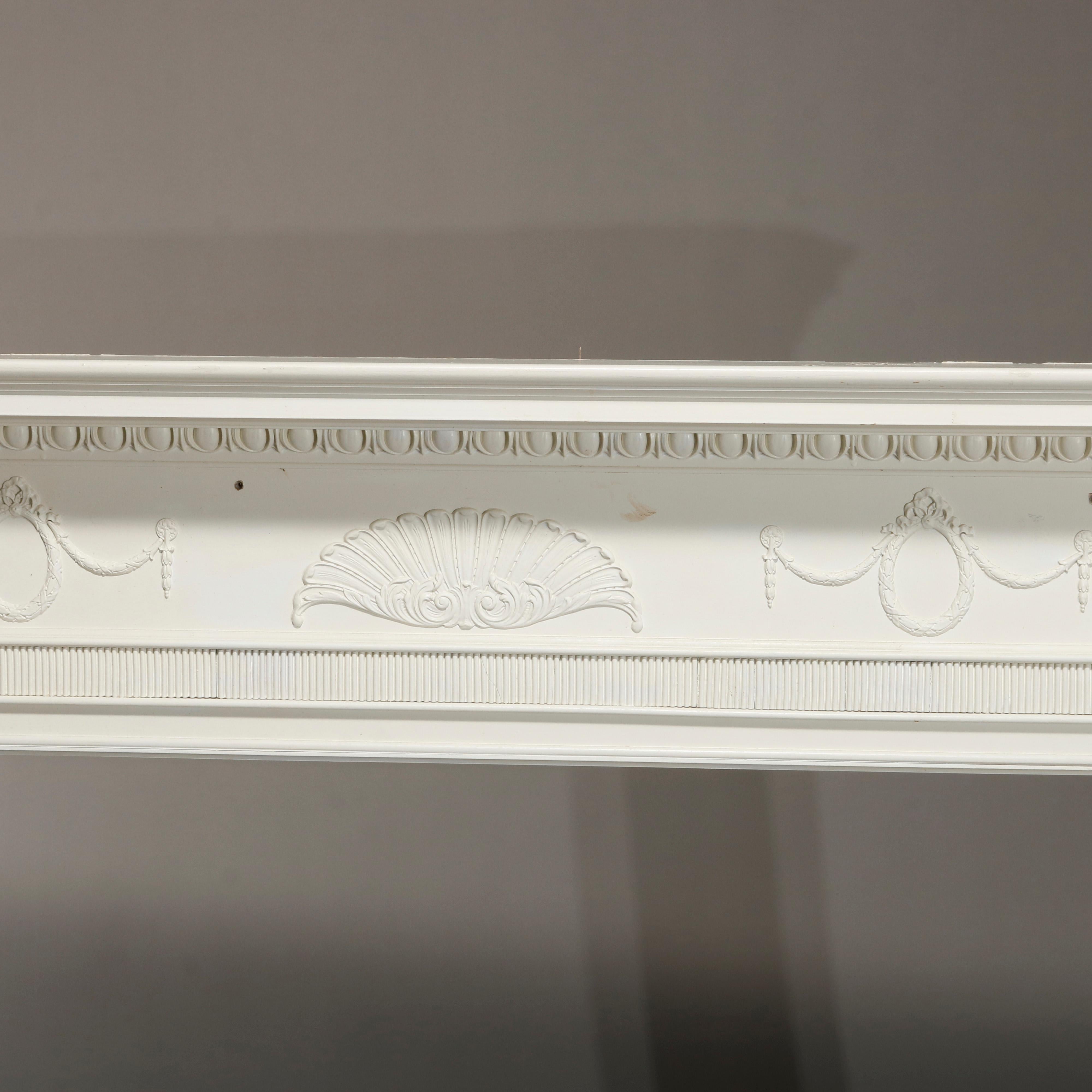 Wood Antique Neoclassical Carved and White-Painted Fireplace Mantel, 20th Century