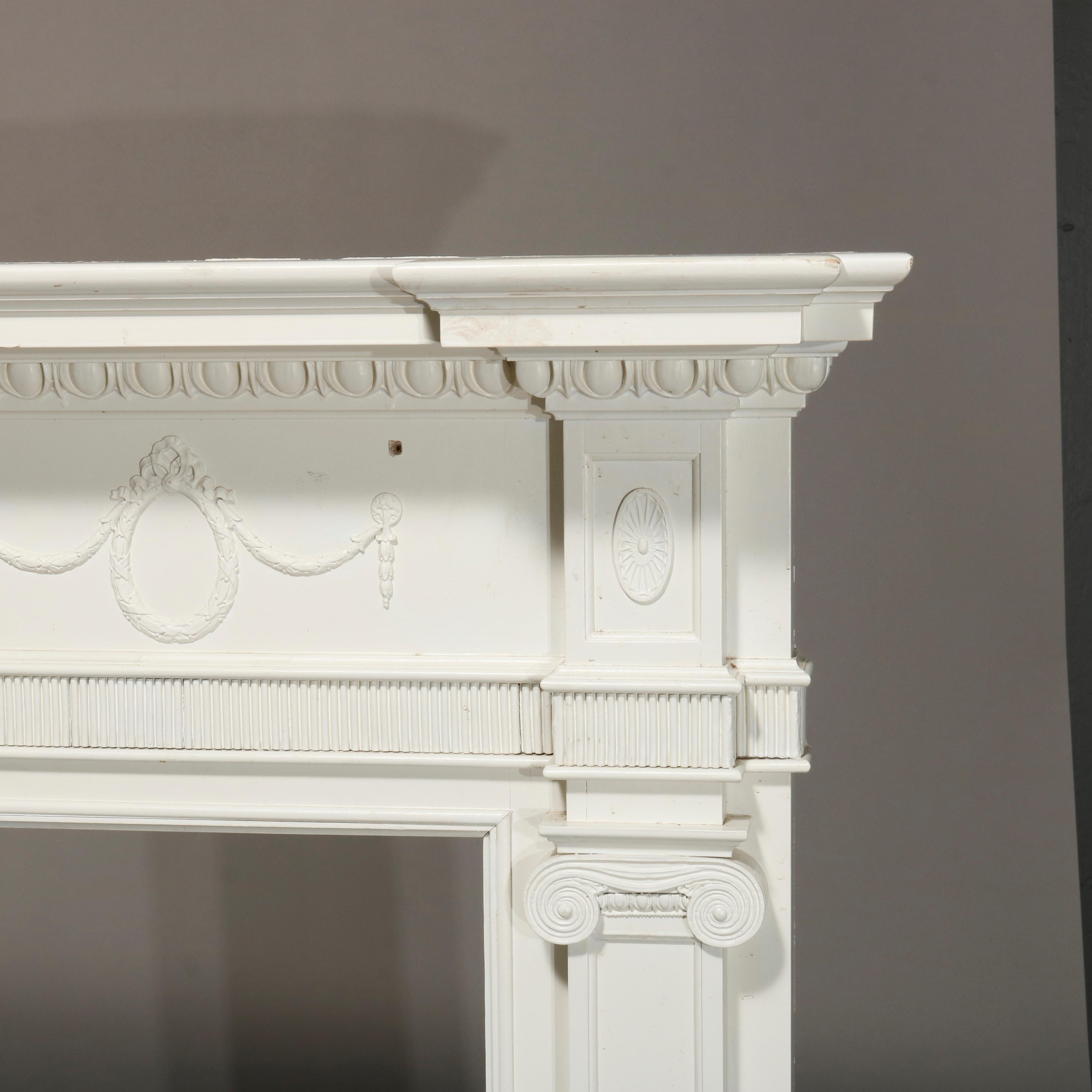 Antique Neoclassical Carved and White-Painted Fireplace Mantel, 20th Century 2