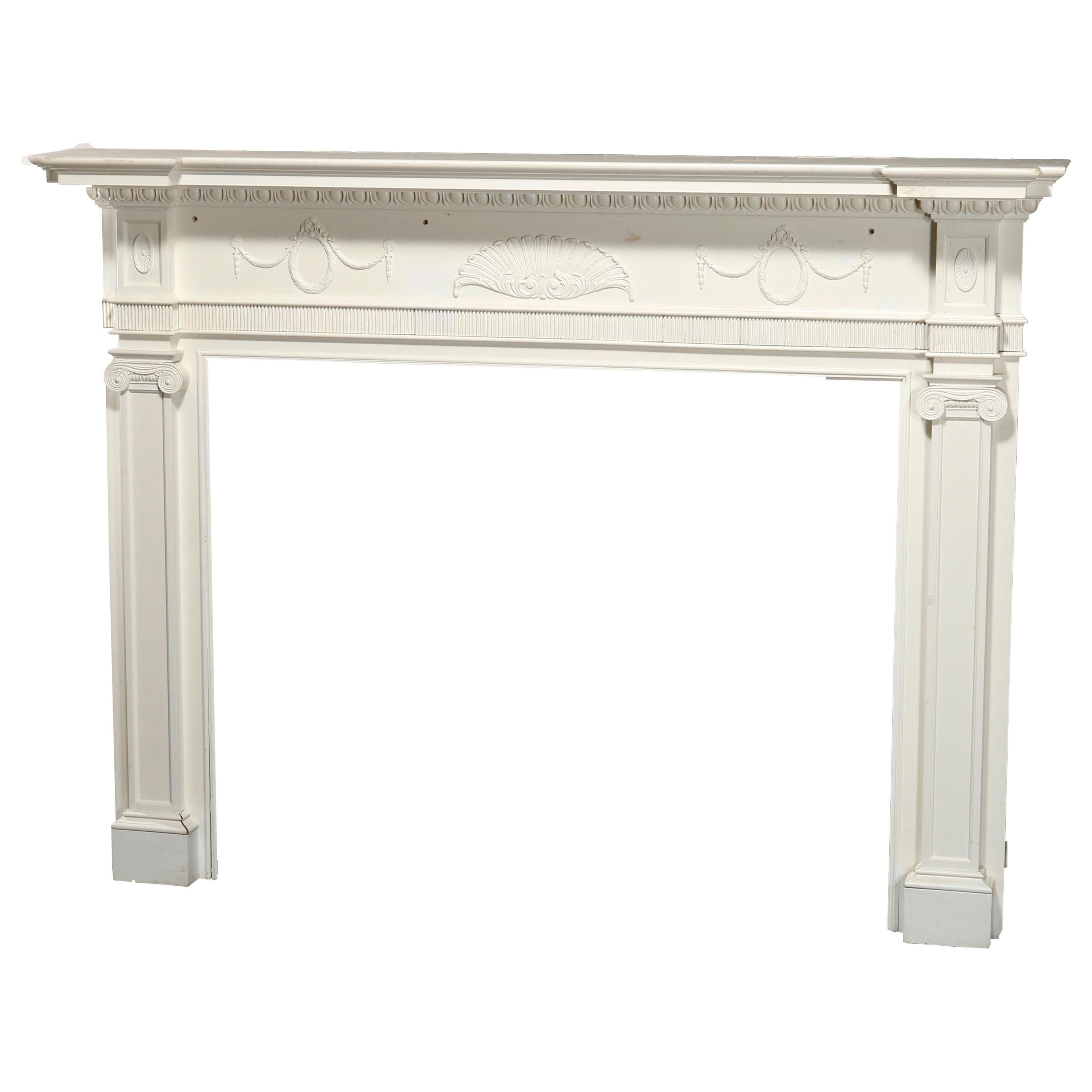 Antique Neoclassical Carved and White-Painted Fireplace Mantel, 20th Century