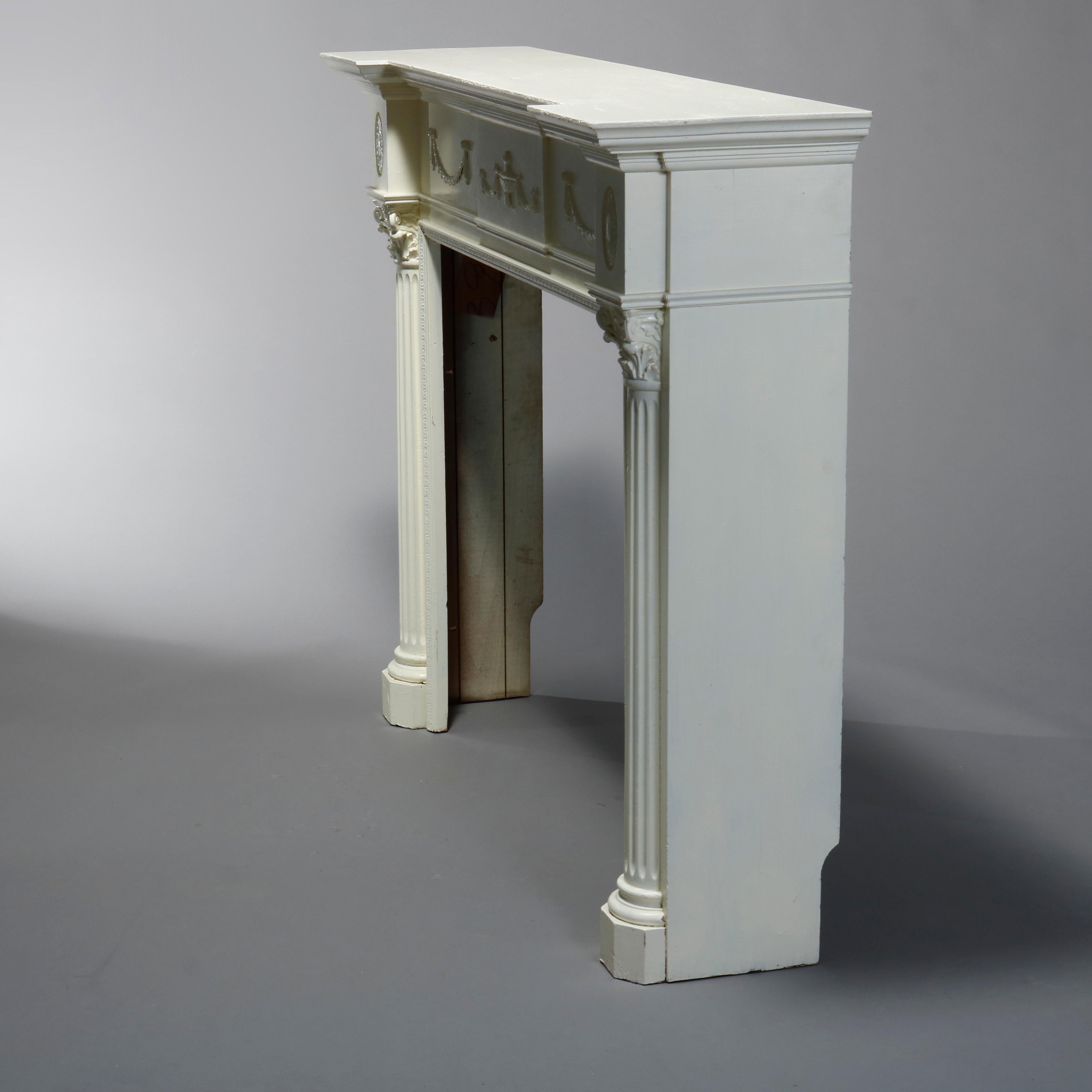 Antique Neoclassical Carved & White-Painted Fireplace Mantel, Corinthian, 20th C 4