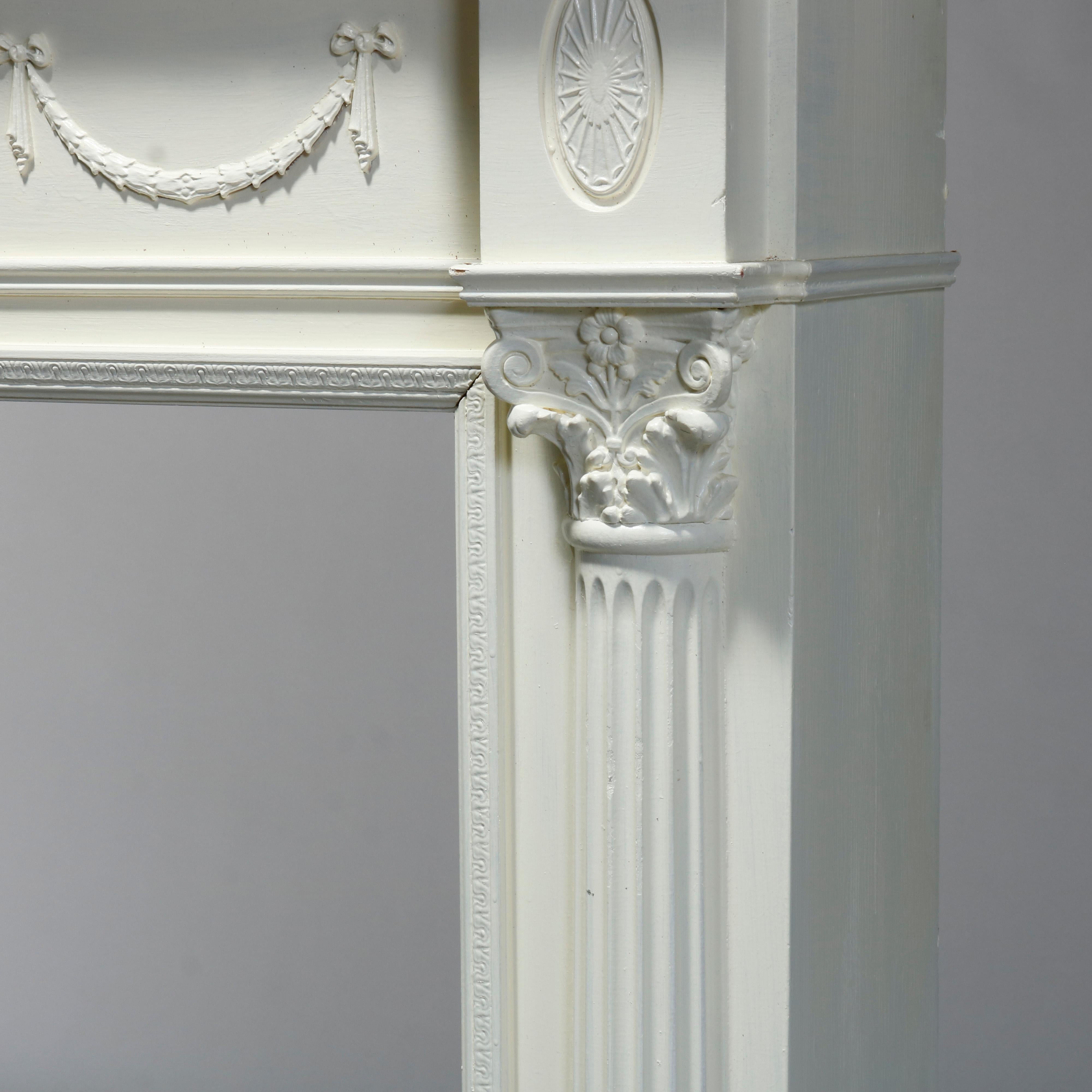 American Antique Neoclassical Carved & White-Painted Fireplace Mantel, Corinthian, 20th C