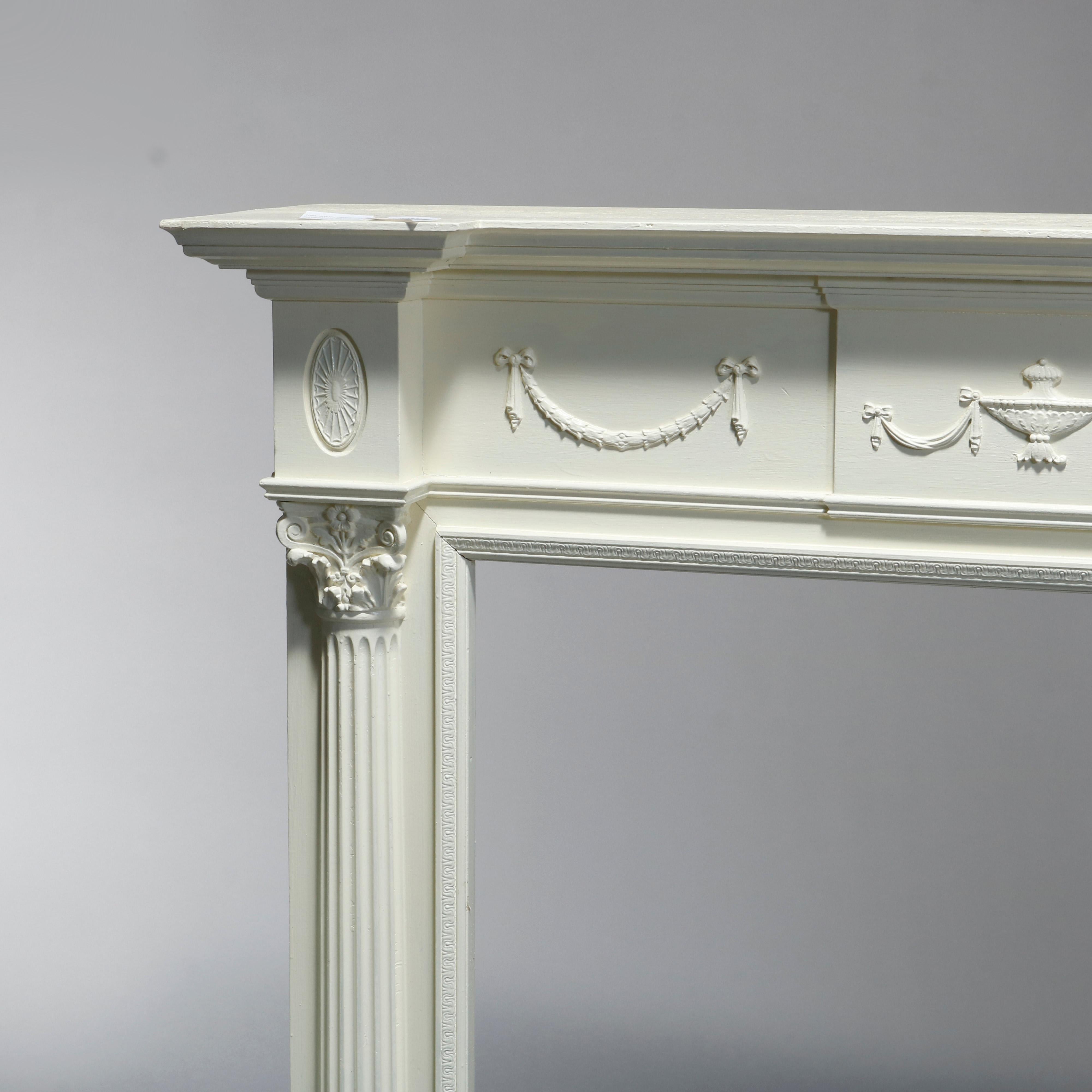 Antique Neoclassical Carved & White-Painted Fireplace Mantel, Corinthian, 20th C In Good Condition In Big Flats, NY