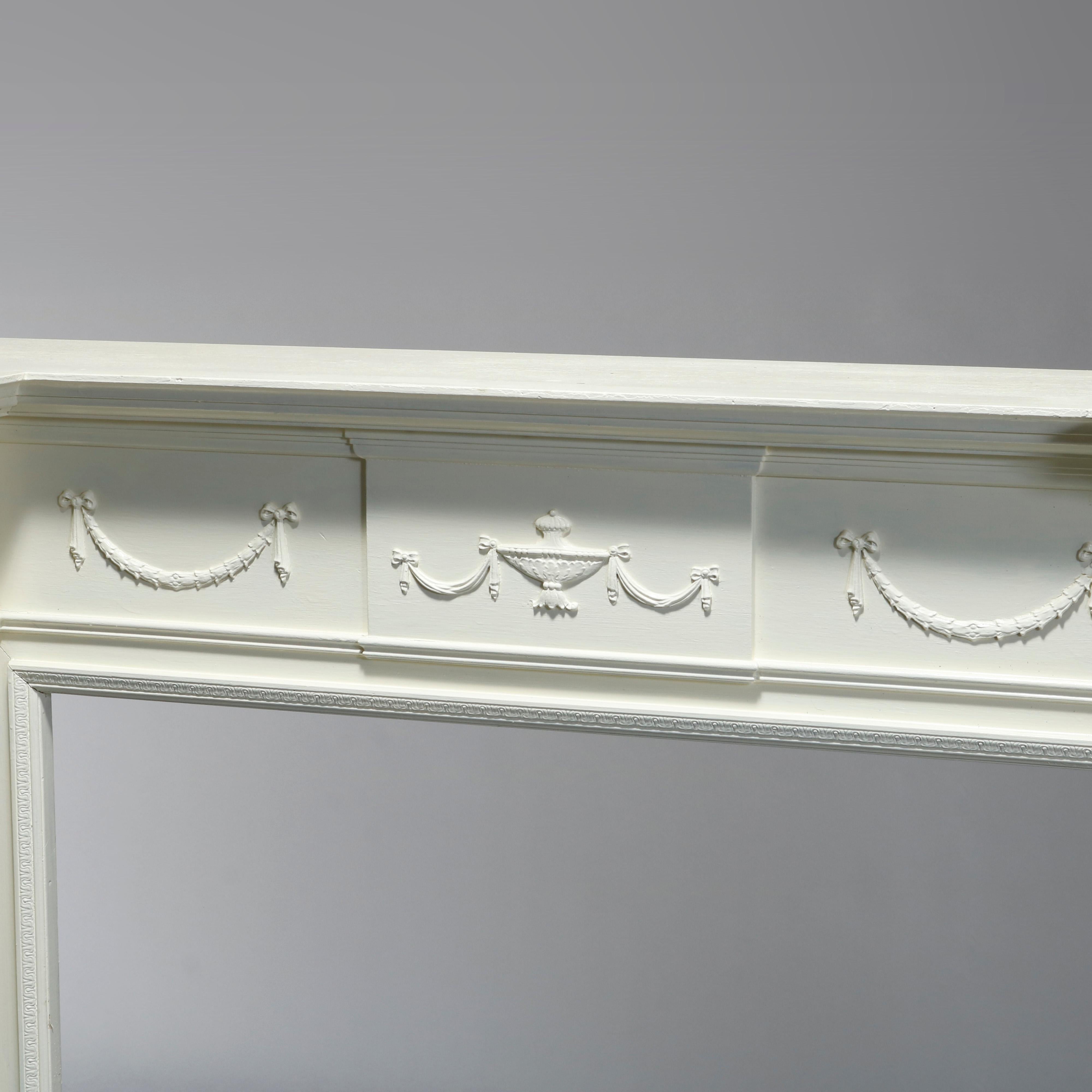 20th Century Antique Neoclassical Carved & White-Painted Fireplace Mantel, Corinthian, 20th C