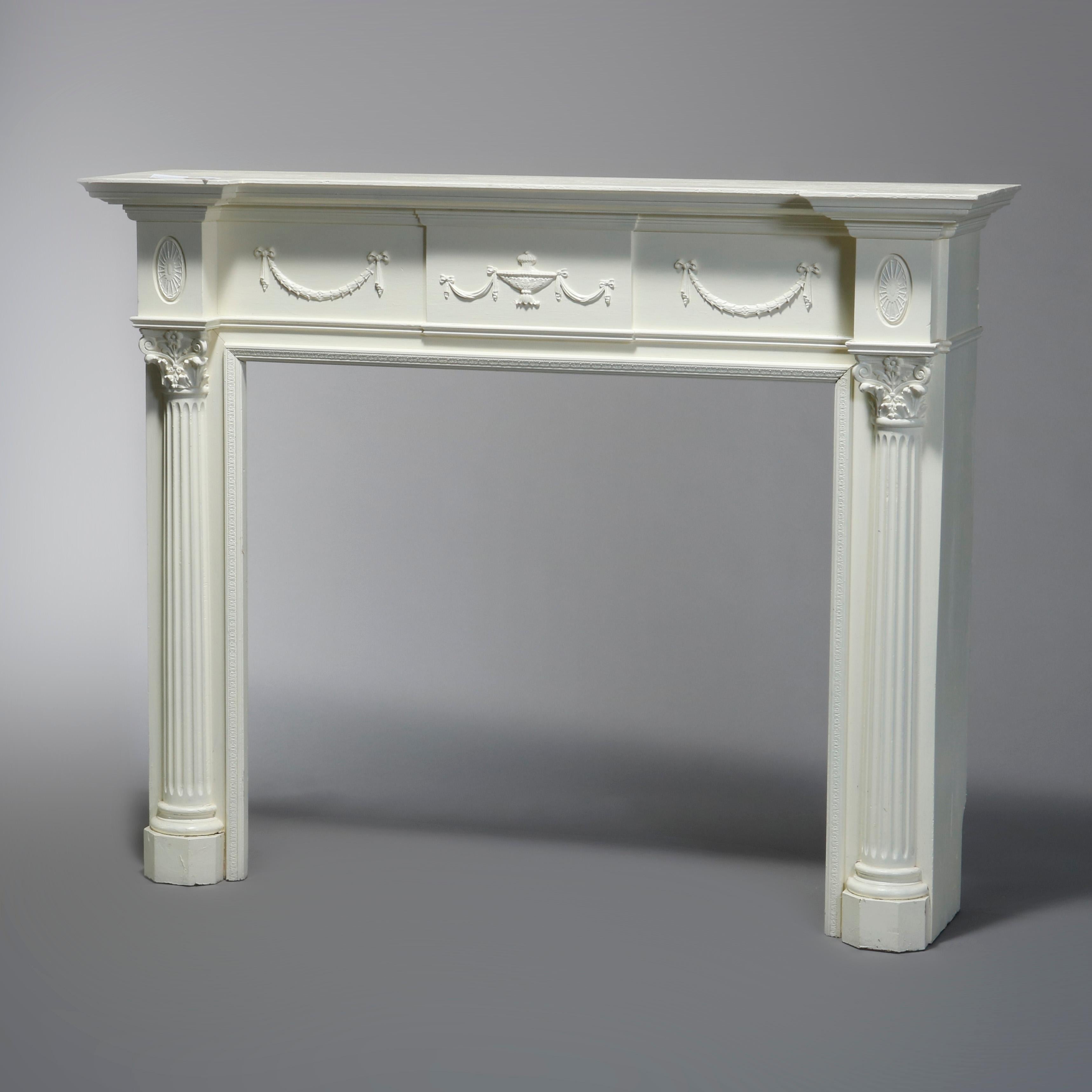 Wood Antique Neoclassical Carved & White-Painted Fireplace Mantel, Corinthian, 20th C