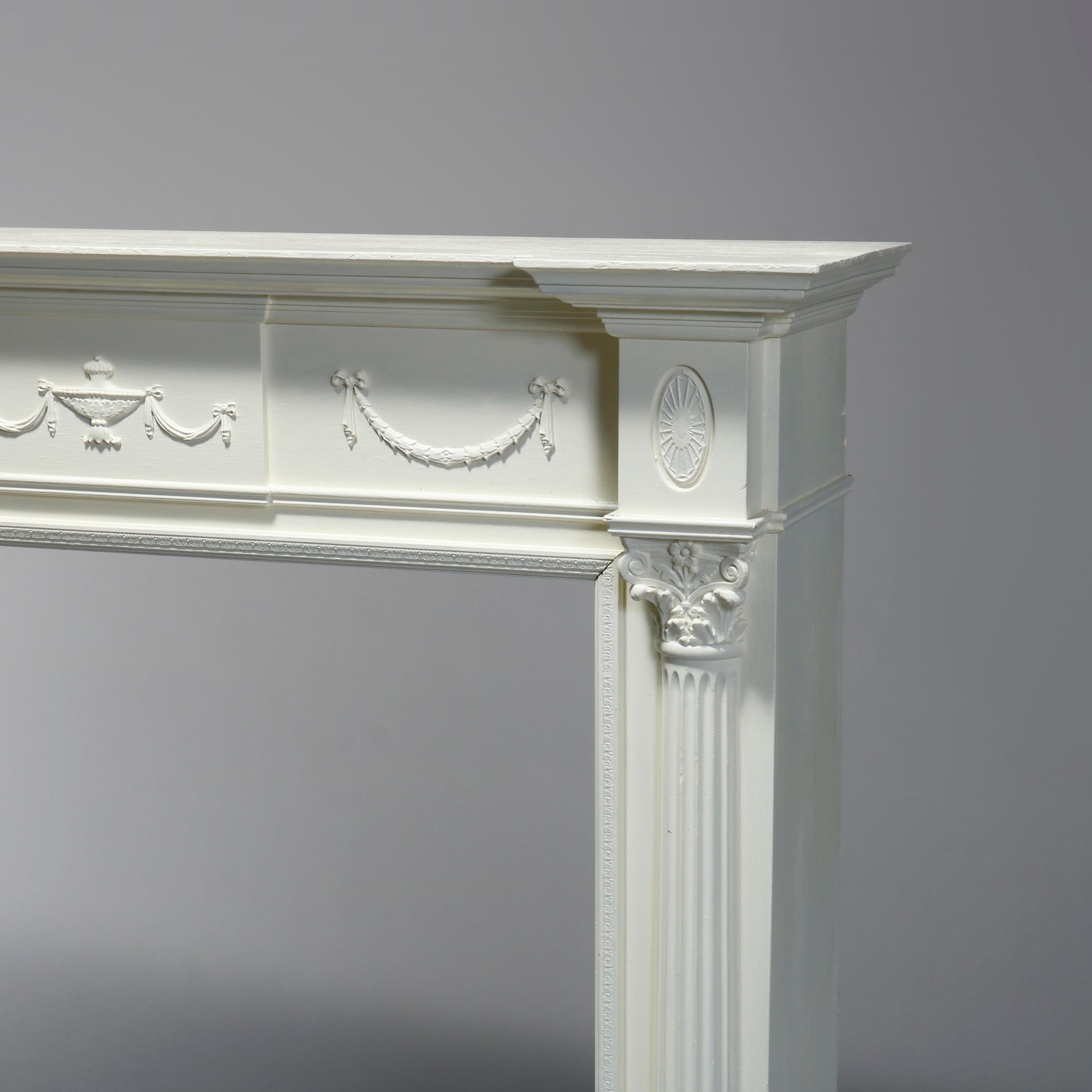 Antique Neoclassical Carved & White-Painted Fireplace Mantel, Corinthian, 20th C 1