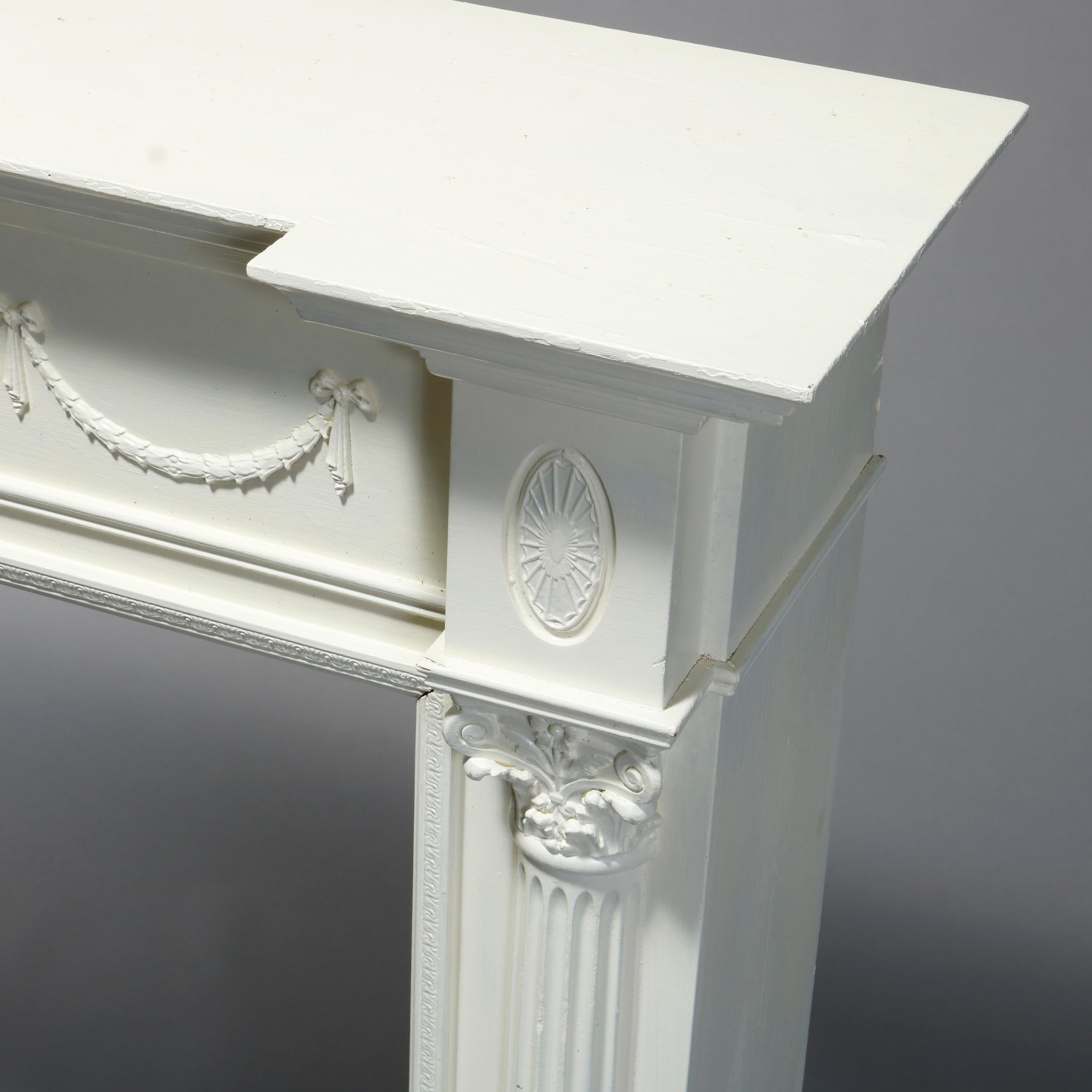 Antique Neoclassical Carved & White-Painted Fireplace Mantel, Corinthian, 20th C 2