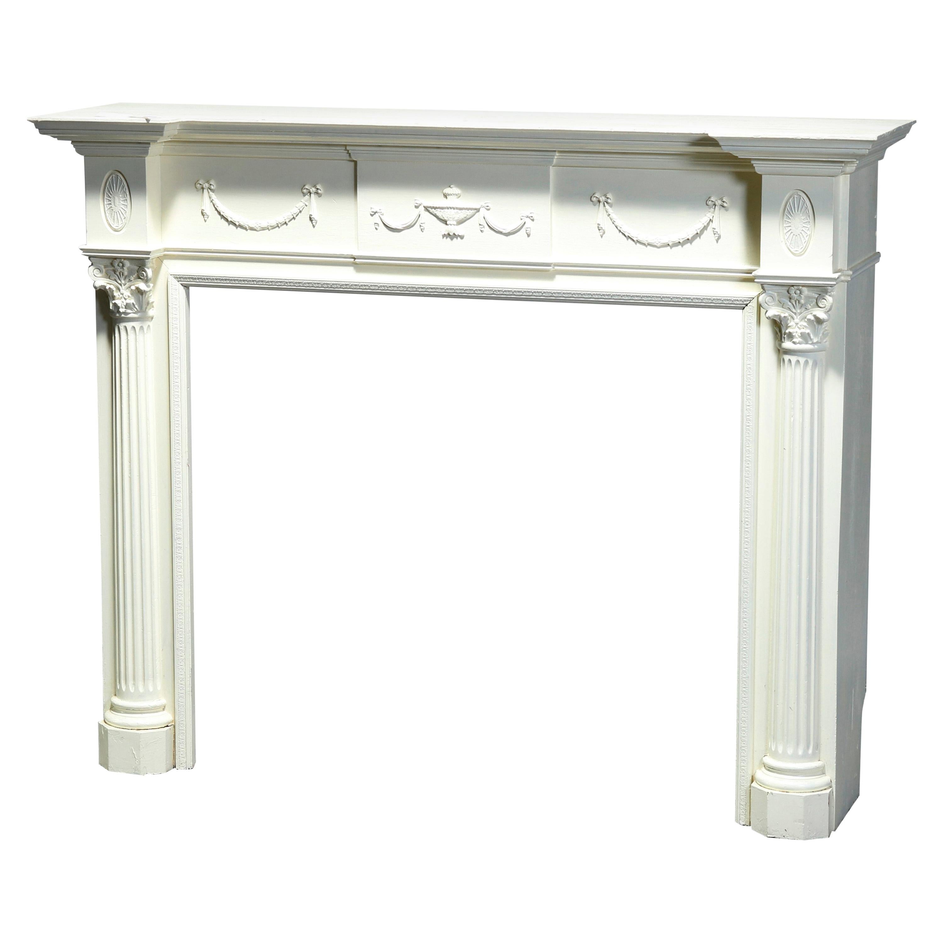 Antique Neoclassical Carved & White-Painted Fireplace Mantel, Corinthian, 20th C