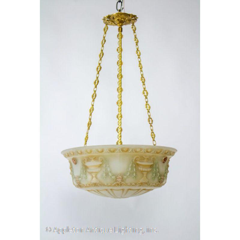  Early 20th Century Cast Glass Bowl Light. Original airbrush painted finish in a light amber and green. The Glass is from c. 1910, and the fixture has been custom made out of cast brass parts to maximize the amount of light and adhere to UL