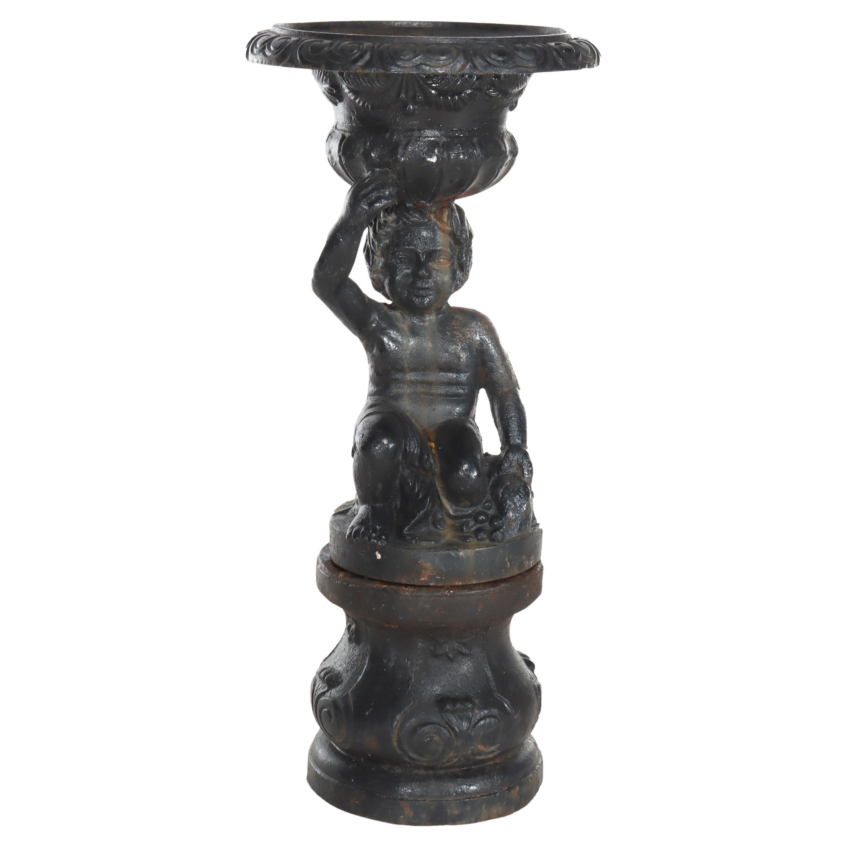 Antique Neoclassical Cast Iron Figural Cherub Garden Urn C1890
