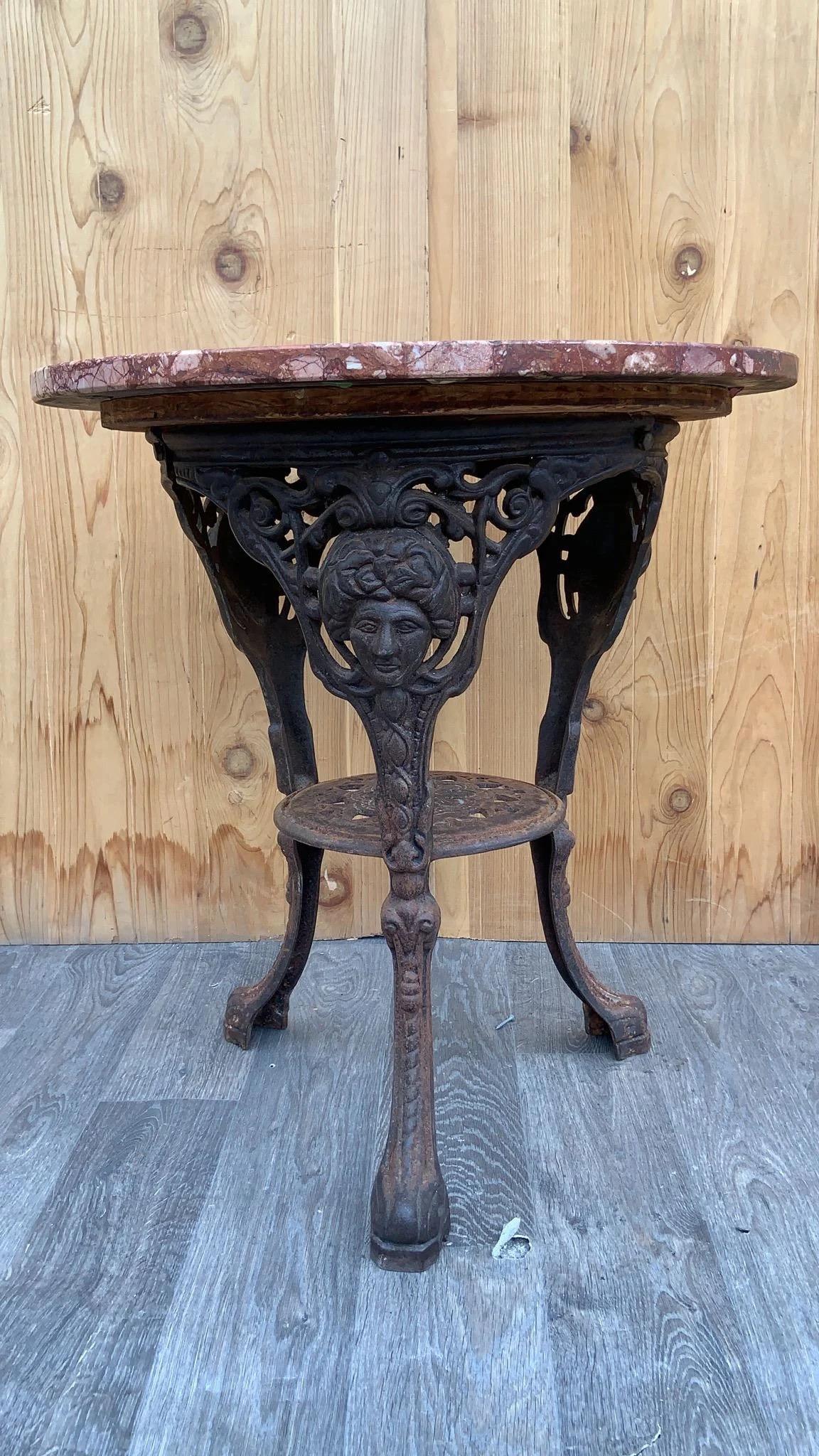 Neoclassical Revival Antique Neoclassical Cast Iron Marble Top English Pub Table For Sale