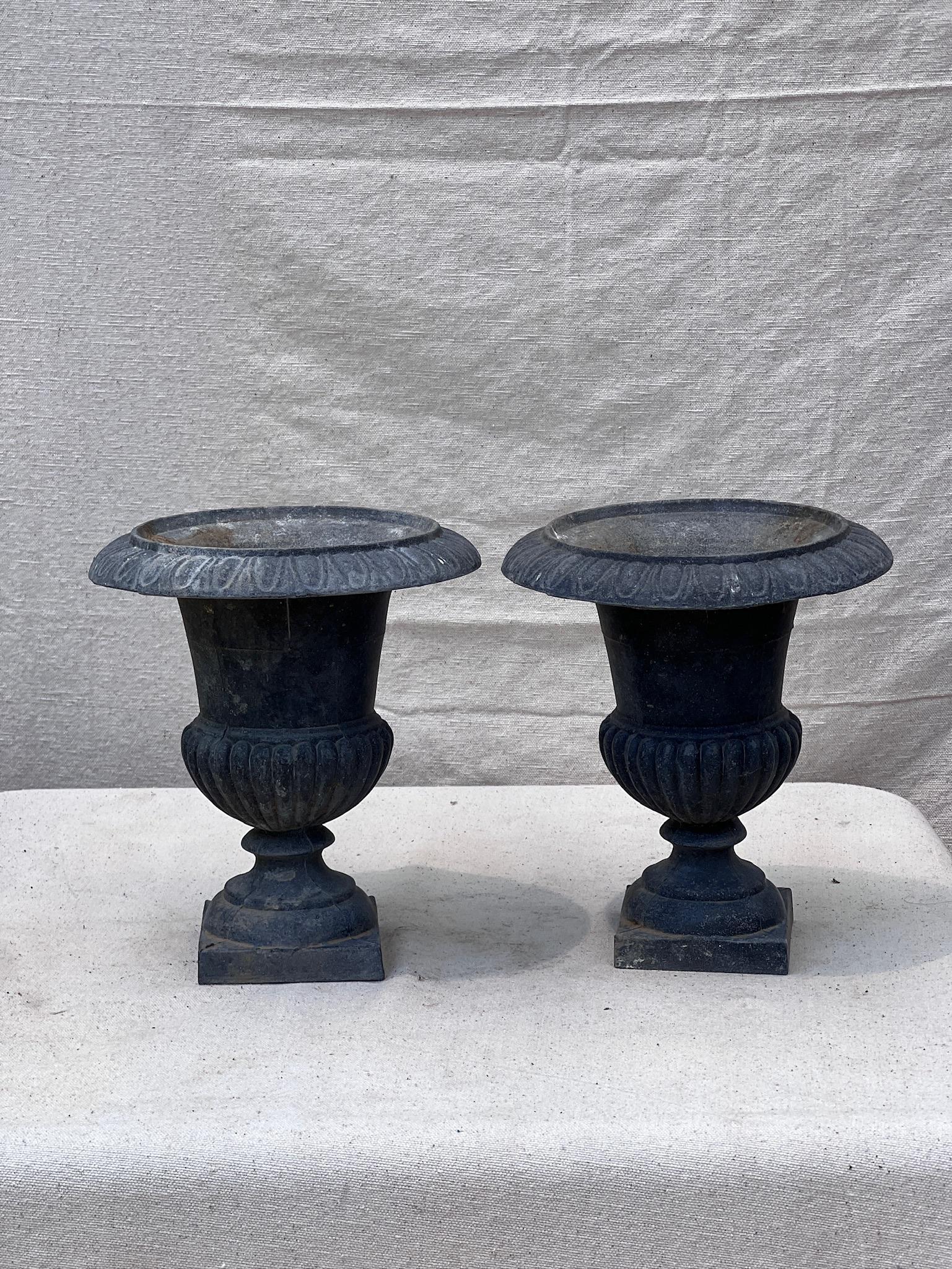 Die beiden eleganten antiken Urnen aus Gusseisen aus dem frühen 20. Jahrhundert stammen aus Frankreich und wurden im anspruchsvollen neoklassizistischen Stil entworfen. Die exquisit gearbeiteten gusseisernen Urnen oder Pflanzgefäße versprühen Charme