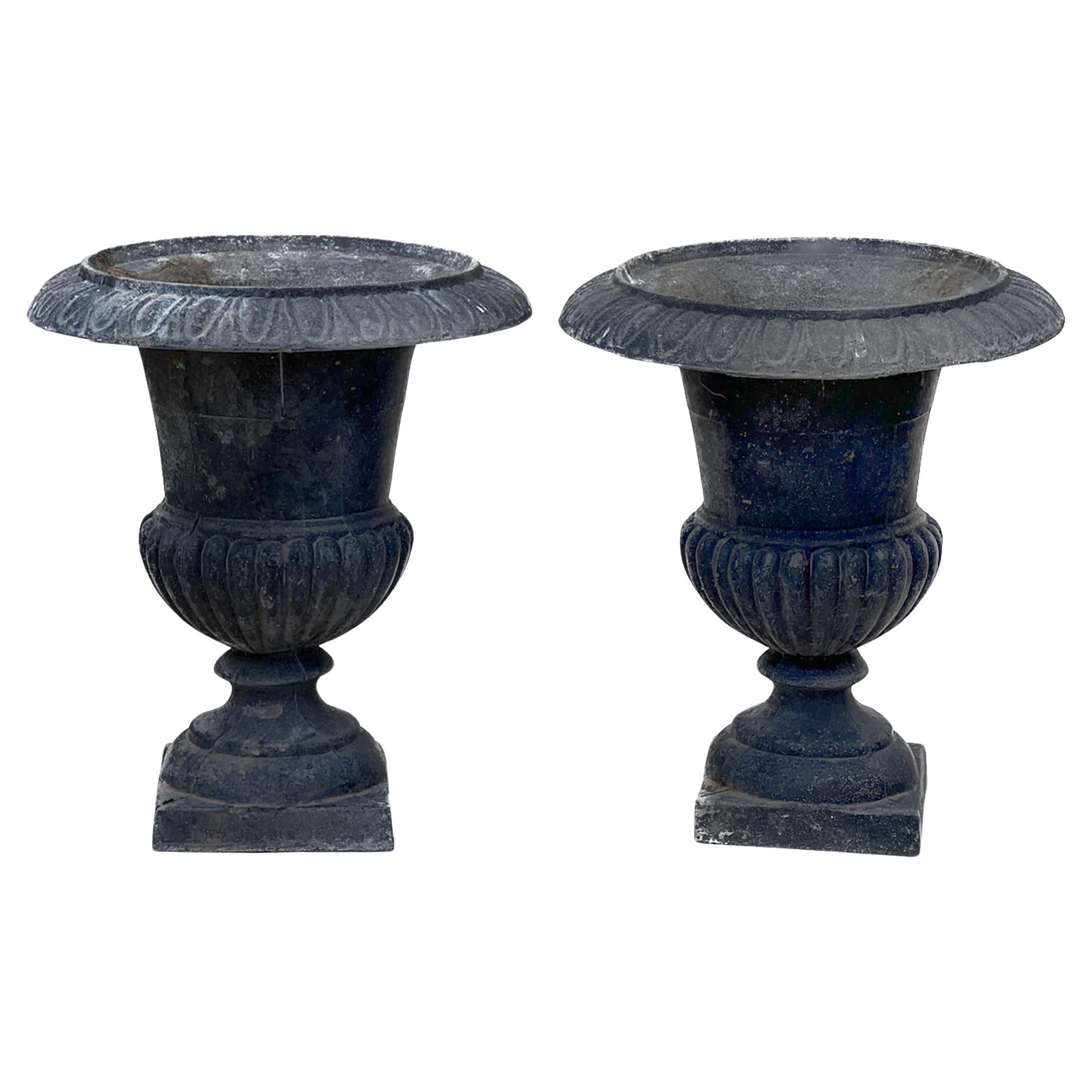Antique Neoclassical Cast Iron Urn Planters or Jardiniere - Set of 2 For Sale