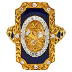 Antique Neoclassical Diamond Enamel Platinum-Topped 18 Karat Tri-Colored Gold Cu