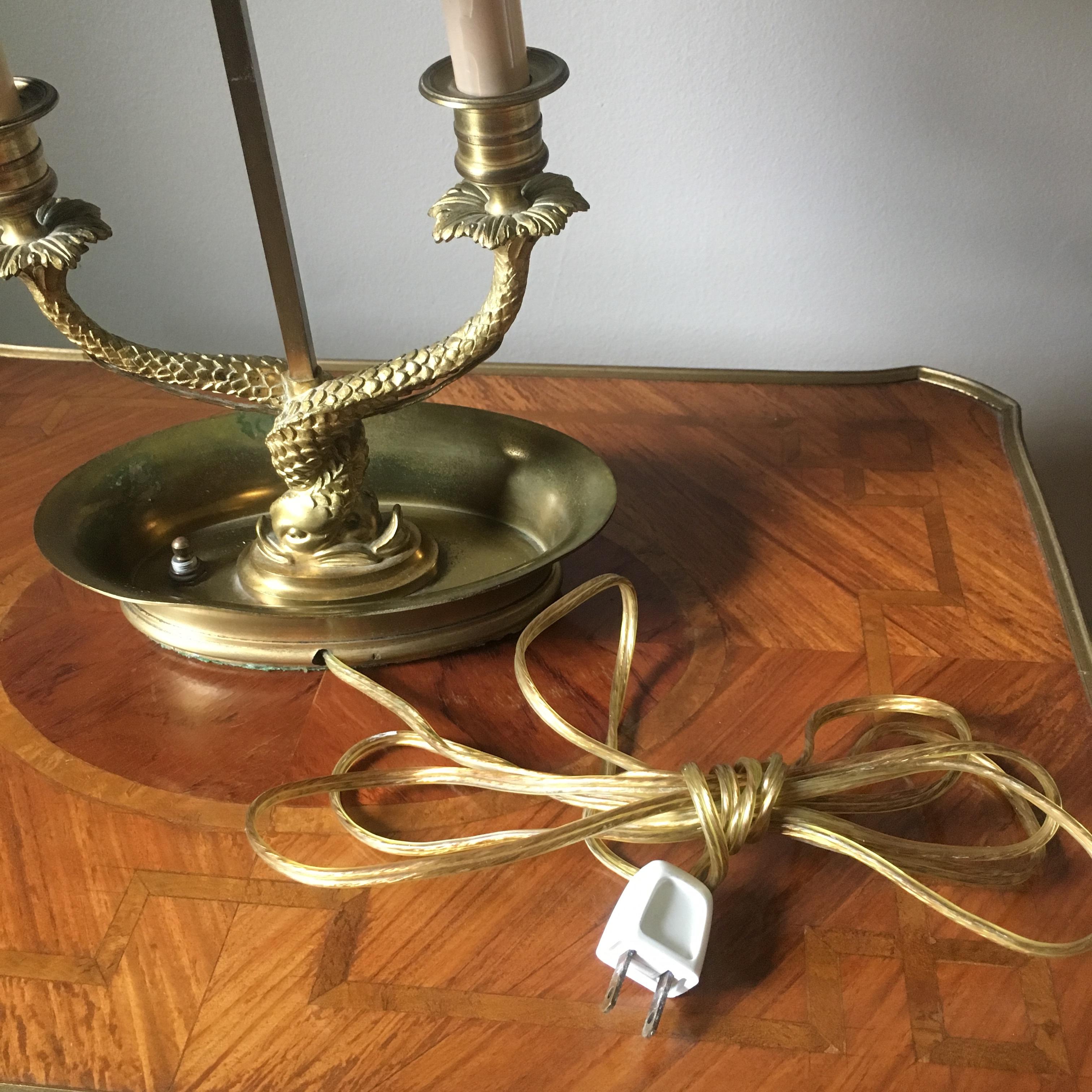 Antique Neoclassical Double Dolphin Brass Bouillotte Lamp With Tole Shade For Sale 6