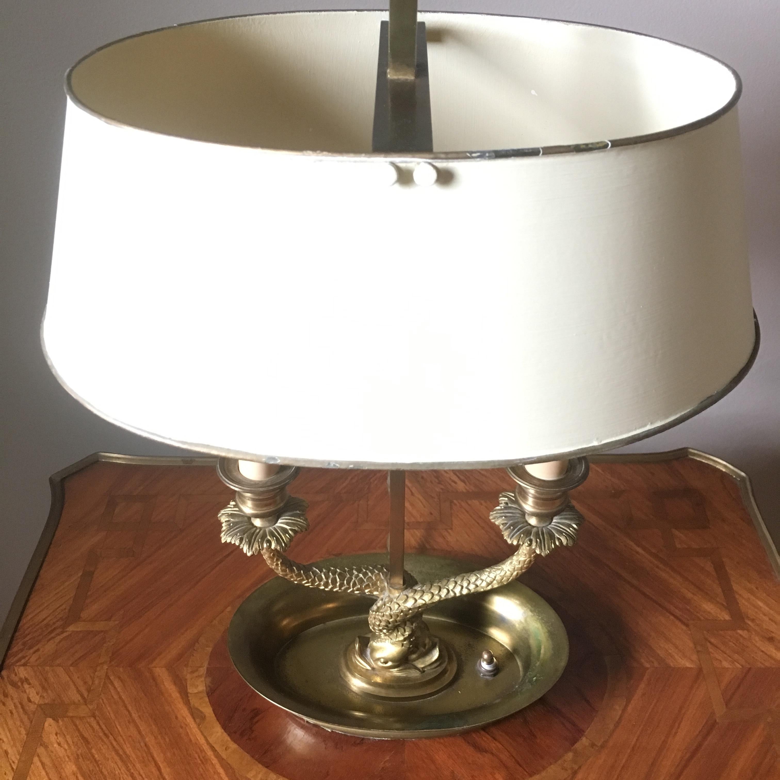 20th Century Antique Neoclassical Double Dolphin Brass Bouillotte Lamp With Tole Shade For Sale