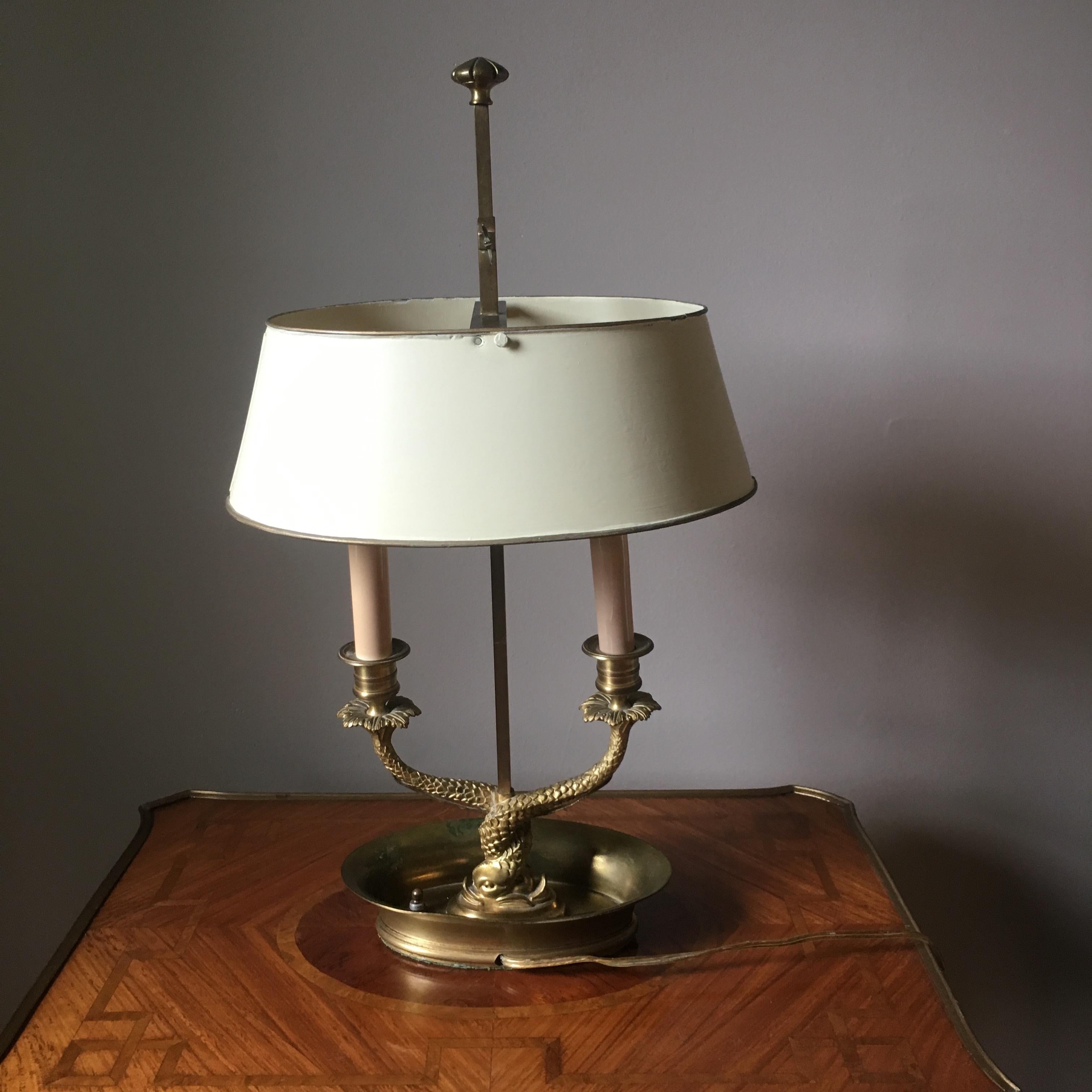 Antique Neoclassical Double Dolphin Brass Bouillotte Lamp With Tole Shade For Sale 2