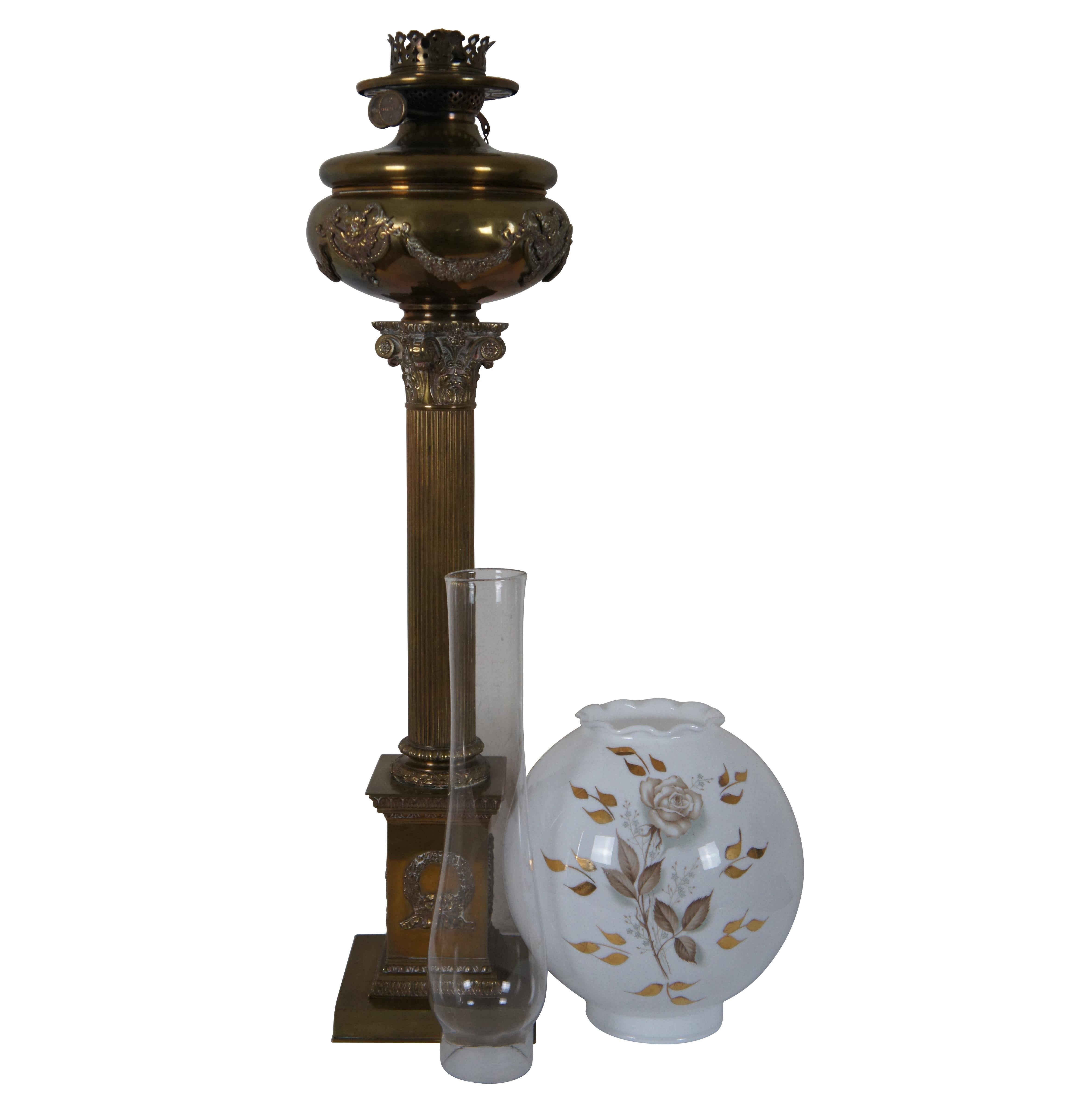 British Antique Neoclassical Duplex English Brass Corinthian Banquet Oil Lamp GWTW For Sale