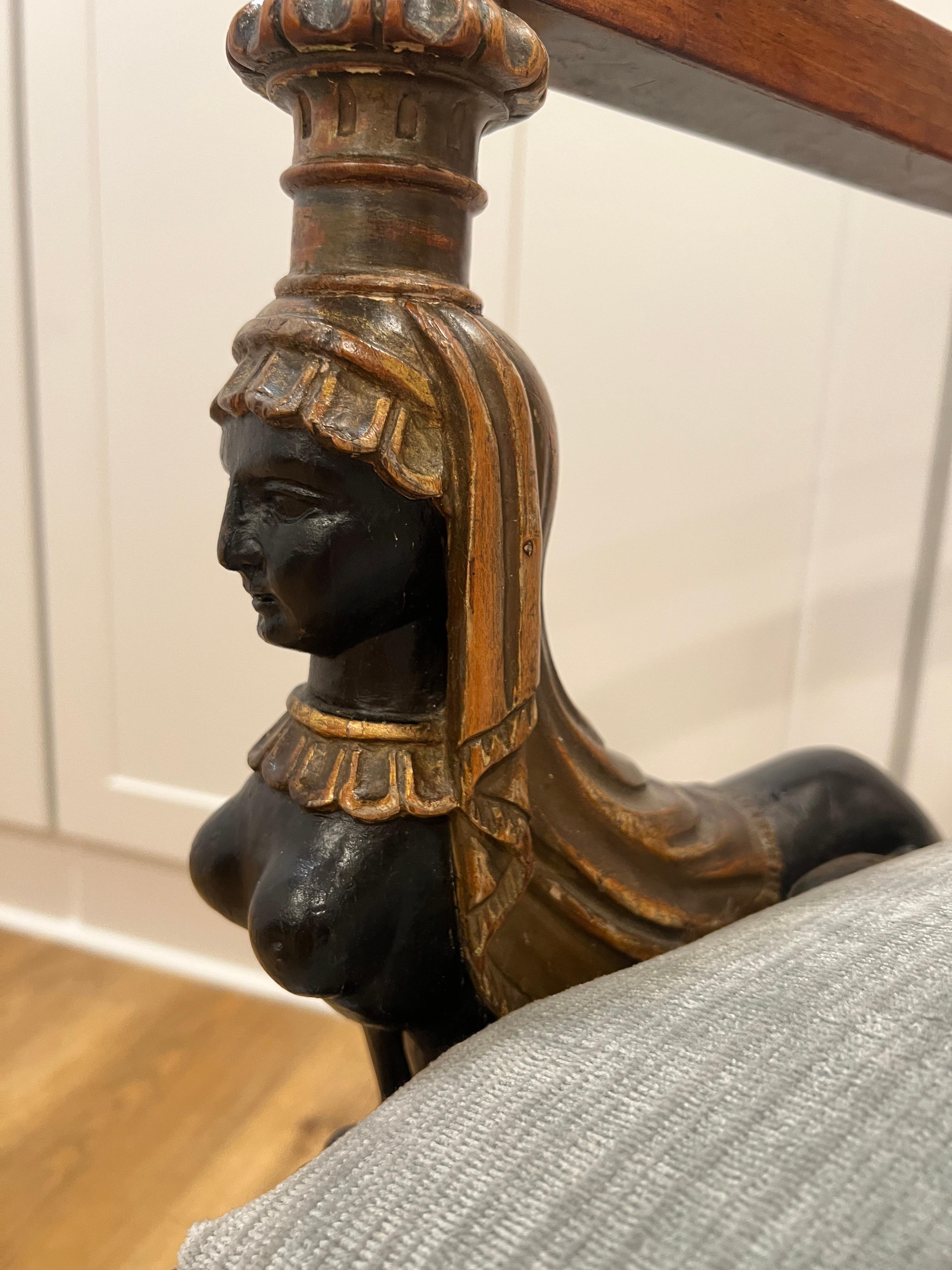 Antique Neoclassical Egyptian Revival Armchair W/ Carved Sphinx Supports, Italy For Sale 9