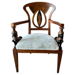 Antiguo Sillón Neoclásico Renacimiento Egipcio Con Soportes Esfinge Tallada, Italia