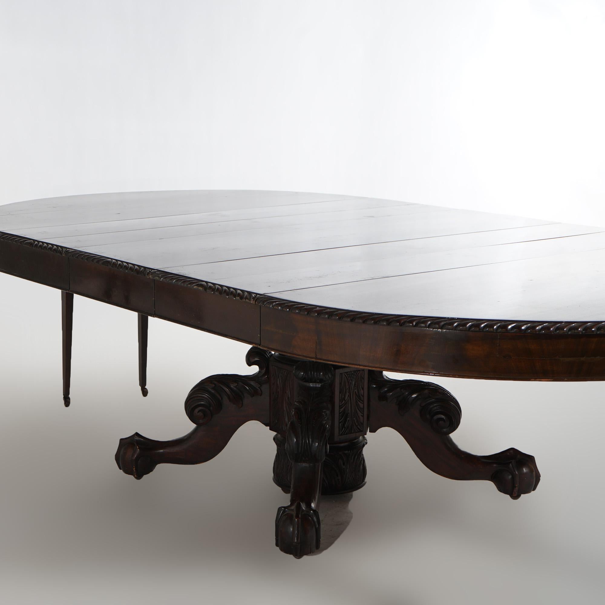 Antique Neoclassical Empire Carved Flame Mahogany 60” Dining Table & Four Leaves For Sale 9