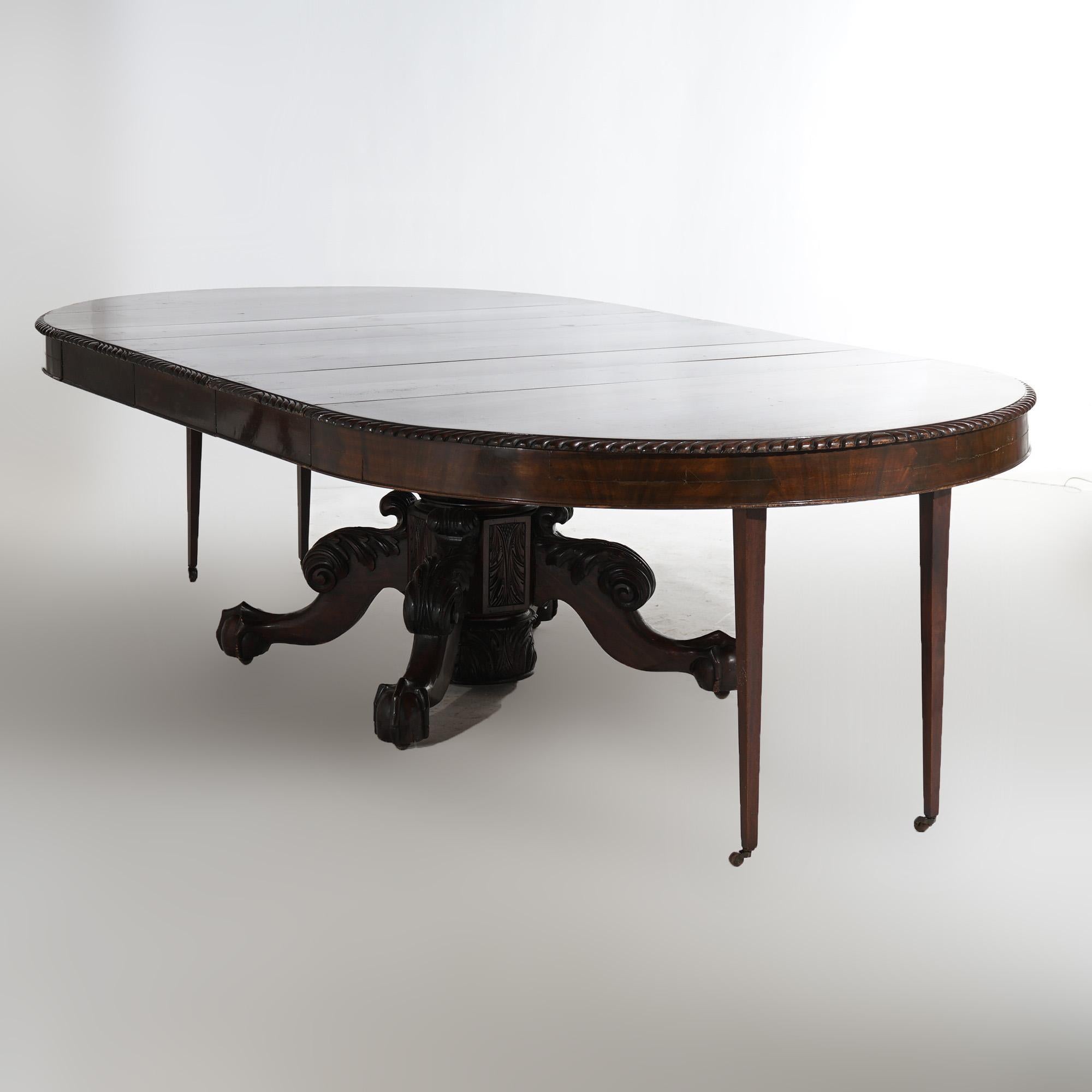 Antique Neoclassical Empire Carved Flame Mahogany 60” Dining Table & Four Leaves For Sale 10