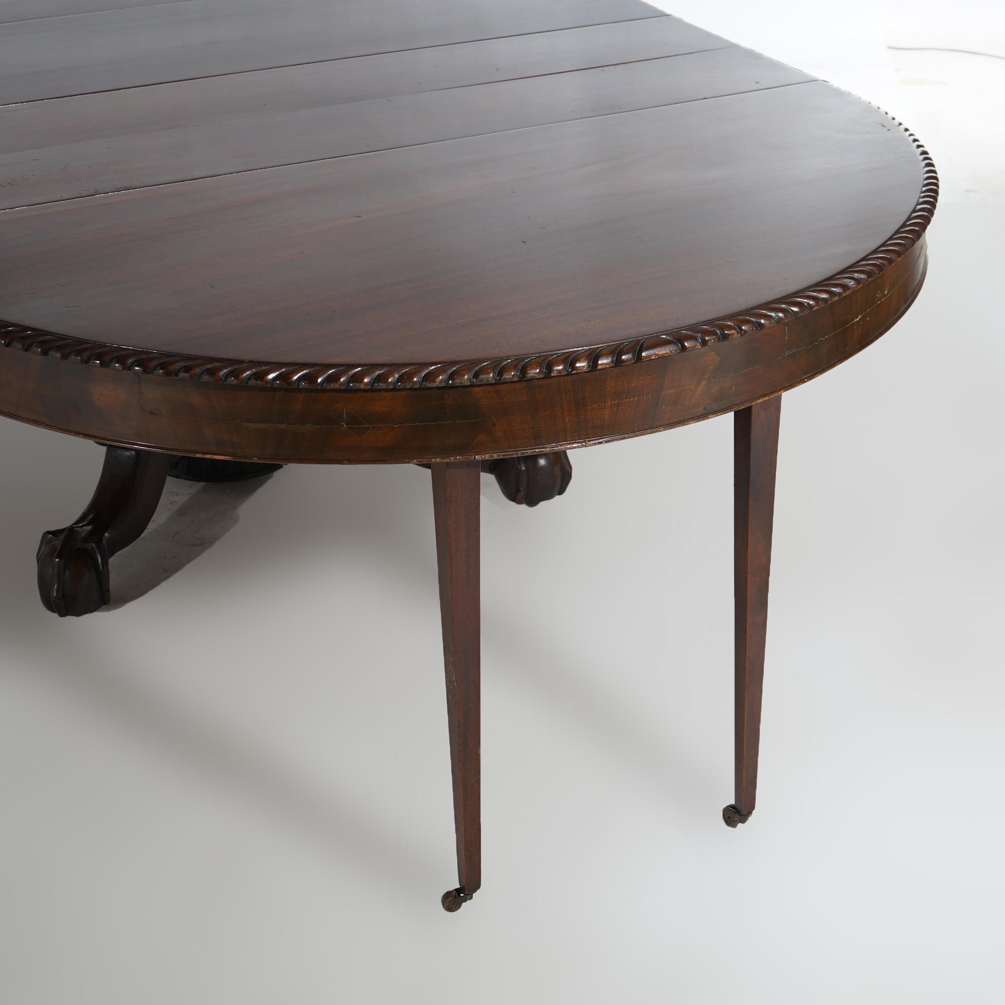 Antique Neoclassical Empire Carved Flame Mahogany 60” Dining Table & Four Leaves For Sale 11