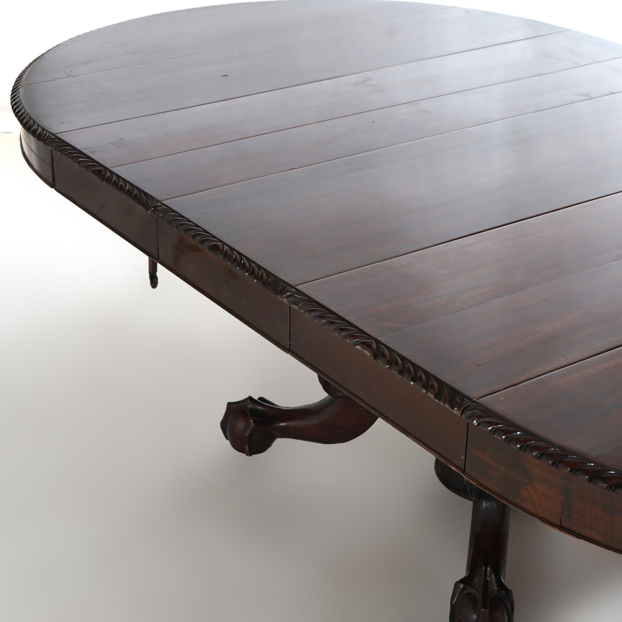 Antique Neoclassical Empire Carved Flame Mahogany 60” Dining Table & Four Leaves For Sale 12
