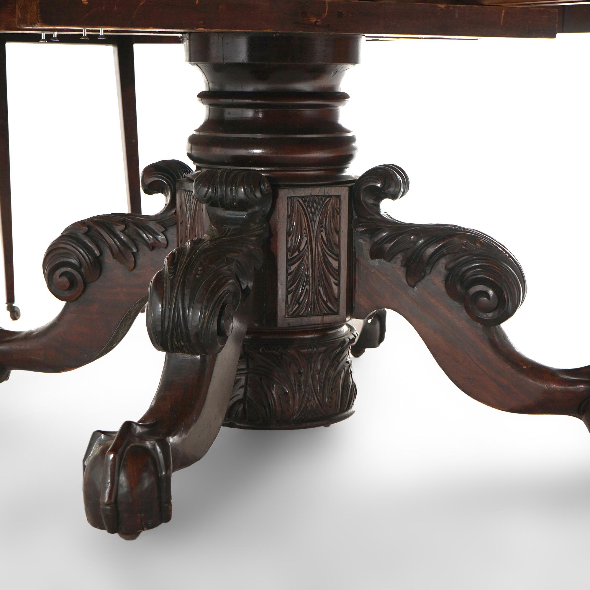 Antique Neoclassical Empire Carved Flame Mahogany 60” Dining Table & Four Leaves In Good Condition For Sale In Big Flats, NY