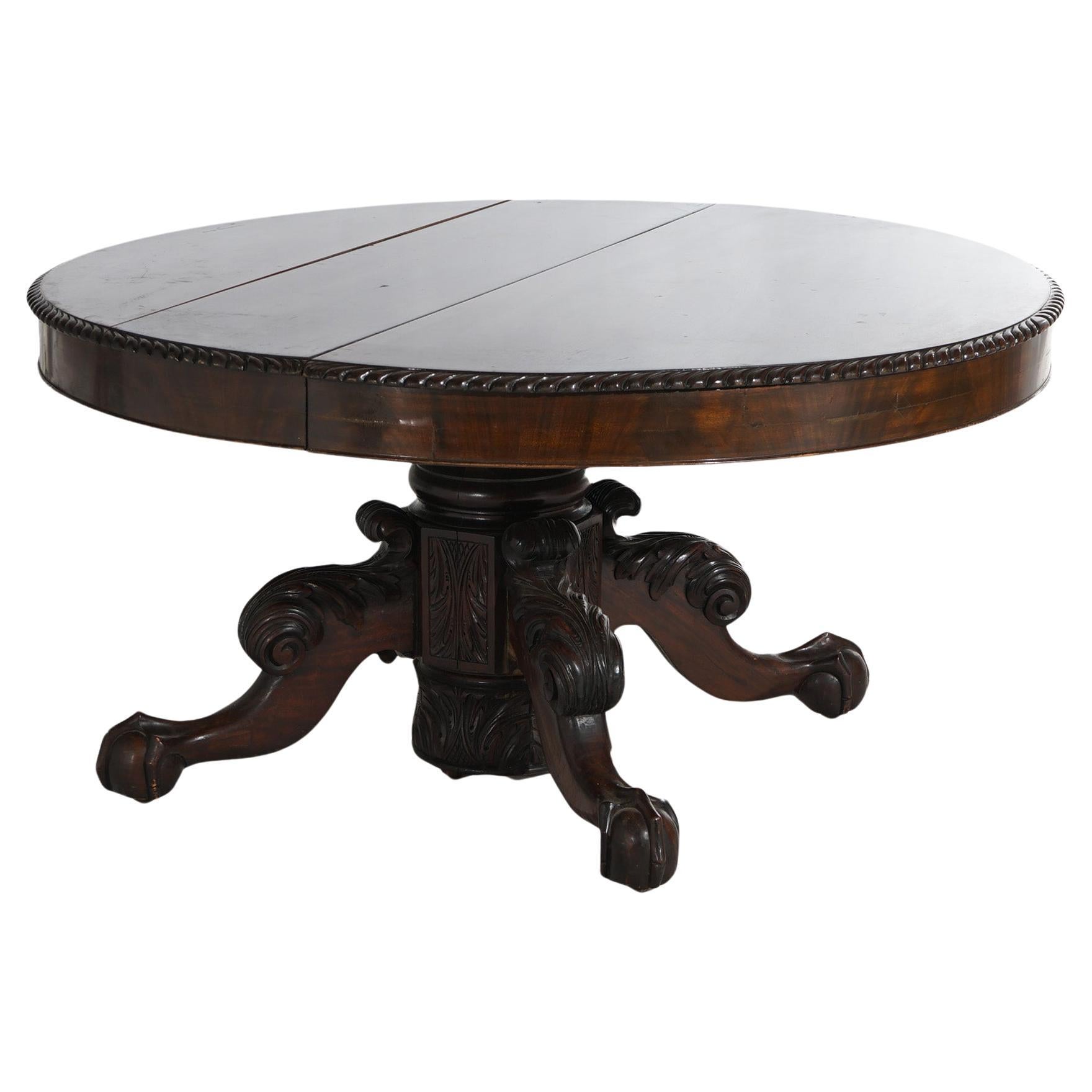 Antique Neoclassical Empire Carved Flame Mahogany 60” Dining Table & Four Leaves For Sale