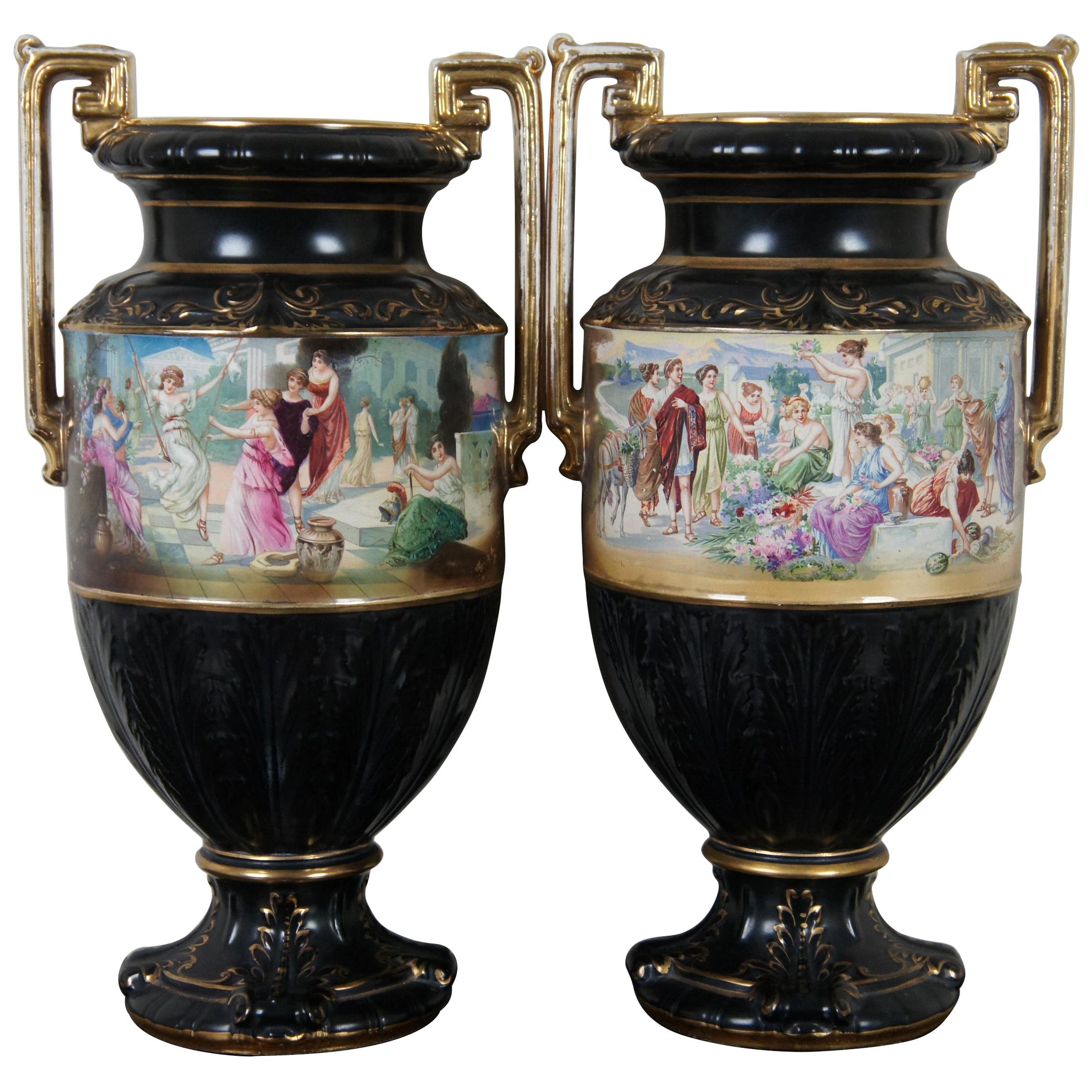 Antique Neoclassical English Black & Gold Grecian Painted Mantel Urn Vase, Pair