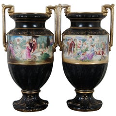 Antique Neoclassical English Black & Gold Grecian Painted Mantel Urn Vase, Pair