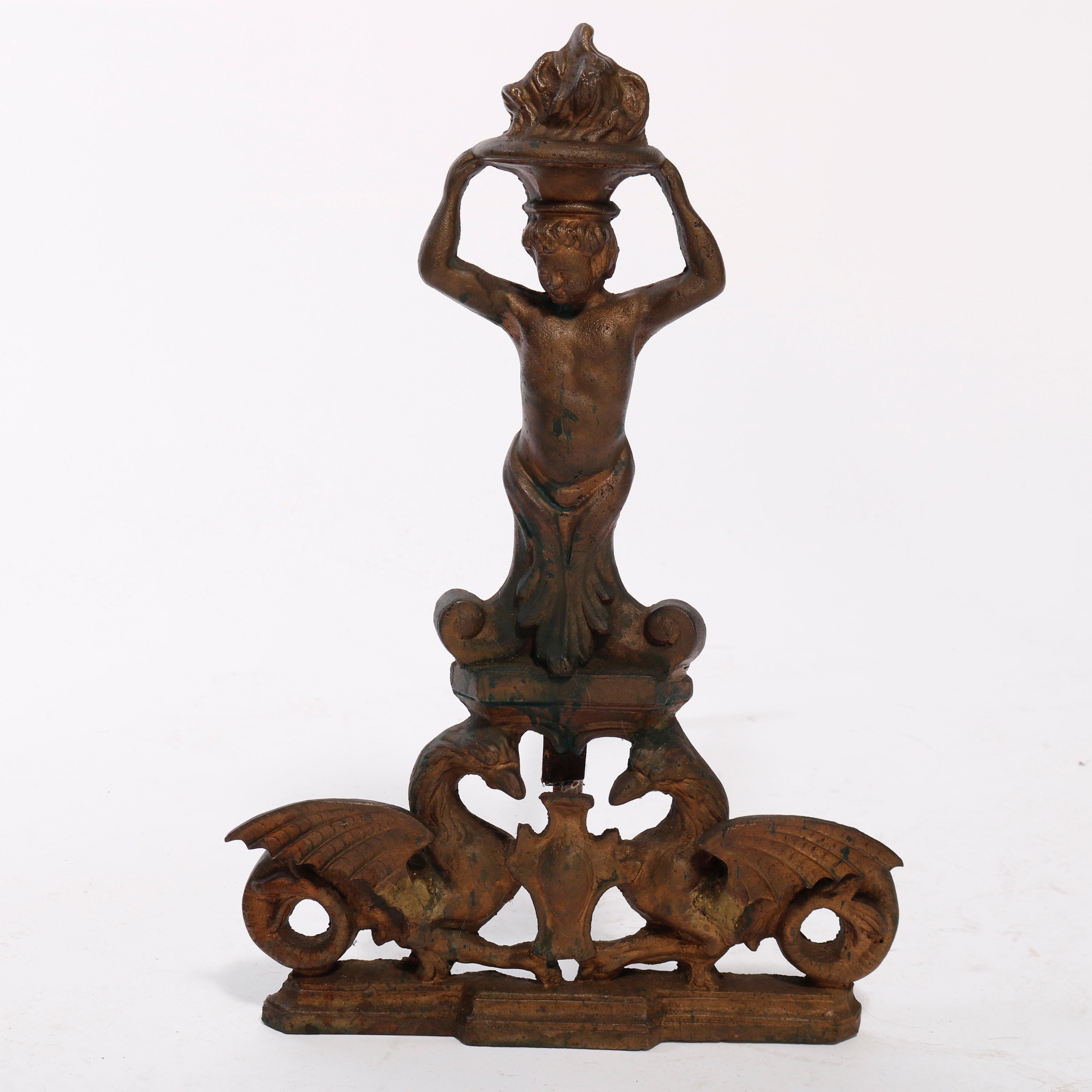Antike neoklassizistische figürliche Gusseisen- und Schmiedeeisen-Kamin-Feuerböcke, um 1900 (Gegossen) im Angebot