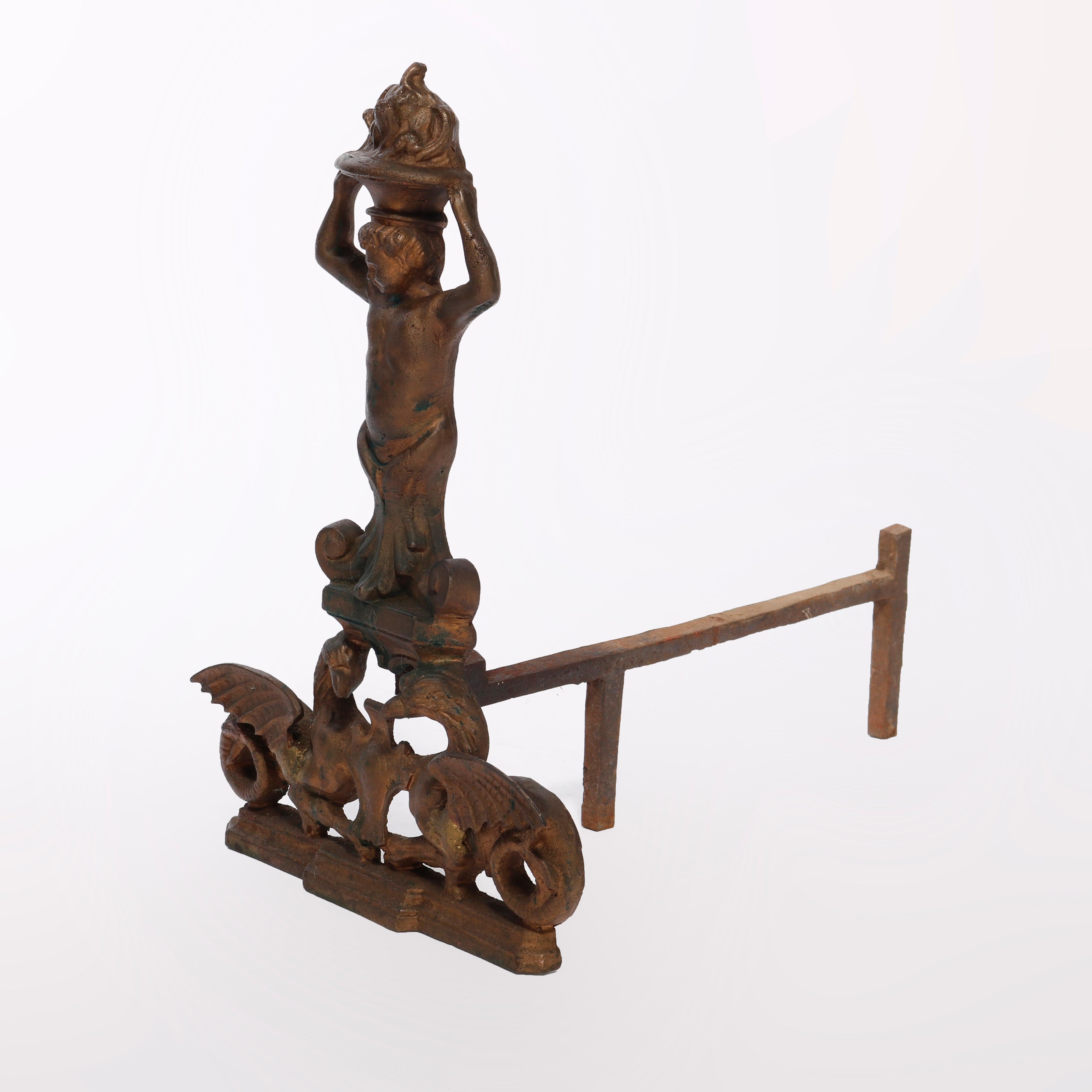 20th Century Antique Neoclassical Figural Cast & Wrought Iron Fireplace Andirons, circa 1900 For Sale