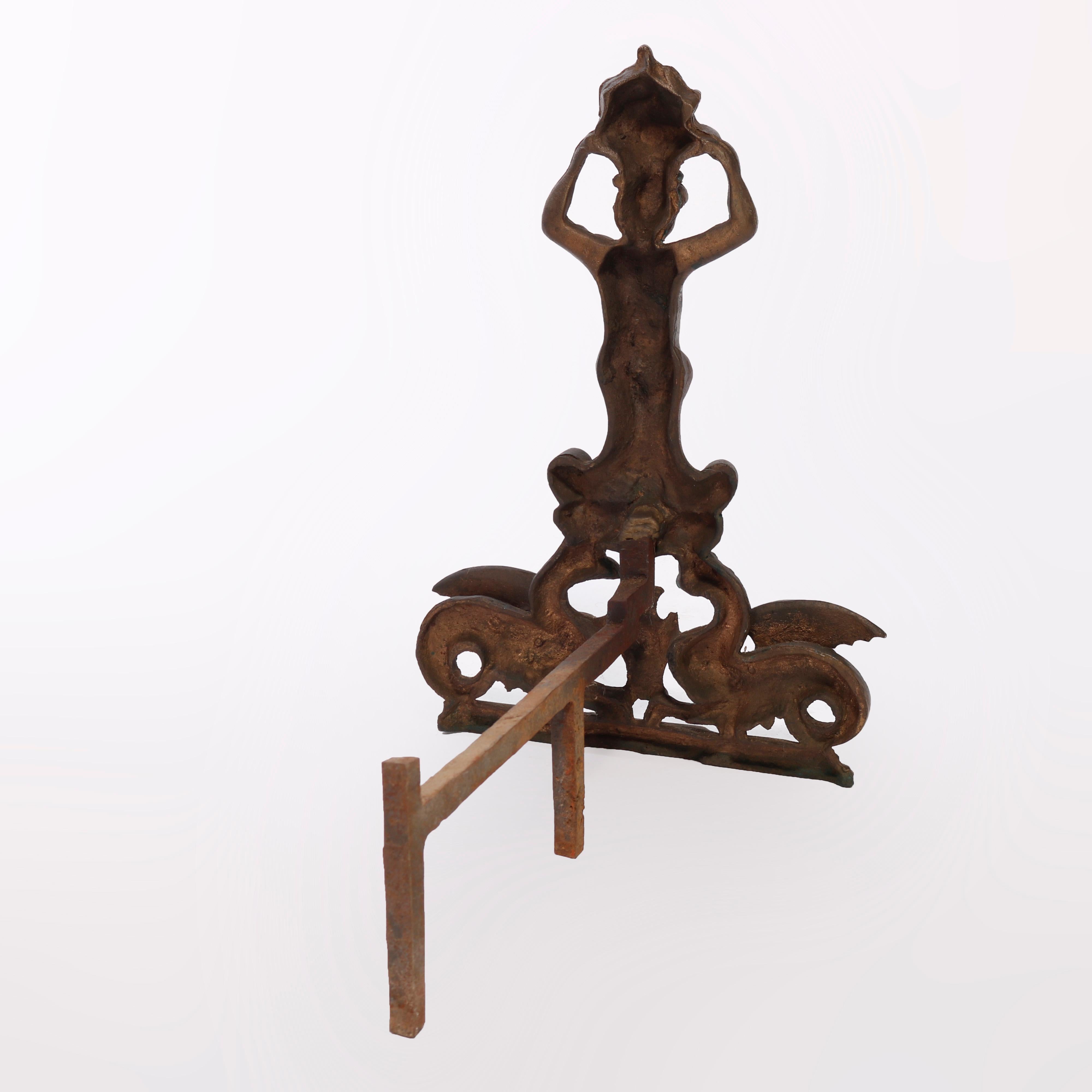 Antique Neoclassical Figural Cast & Wrought Iron Fireplace Andirons, circa 1900 For Sale 1