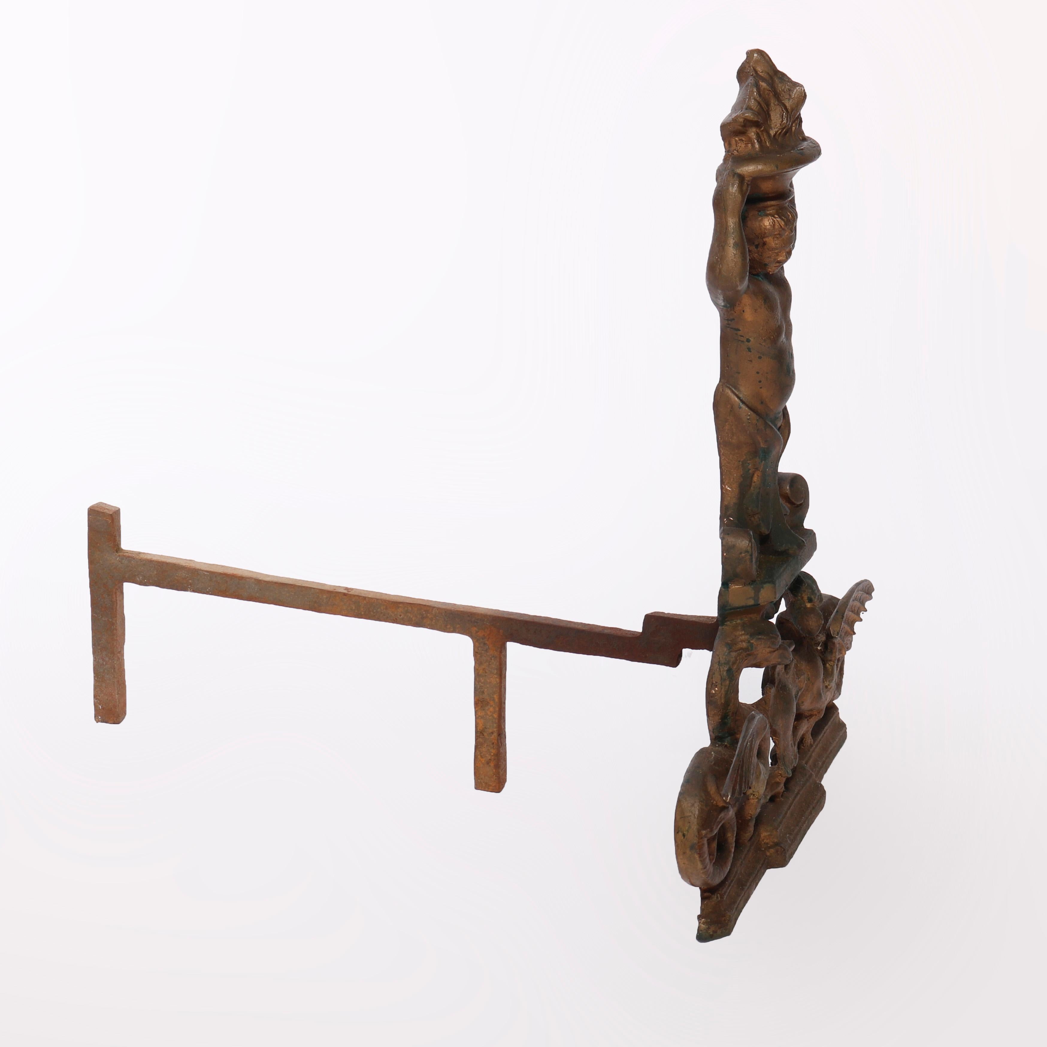 Antique Neoclassical Figural Cast & Wrought Iron Fireplace Andirons, circa 1900 For Sale 2
